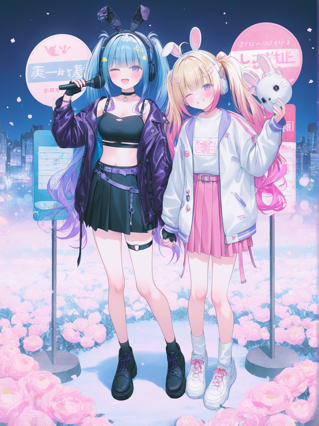 [soft-pastel-style] 2girls, @yeonhee-d45r, holding hands, smile, blush, one eye closed, t-shirt, leather jacket, jeans, pleated skirt, plastic, headband, headphones, hair accessory, blonde hair, twin tails, klein blue, rainbow, full body, looking at viewer, night, city lights, flower field, bus stop, soft pastel style, simple background, white background
