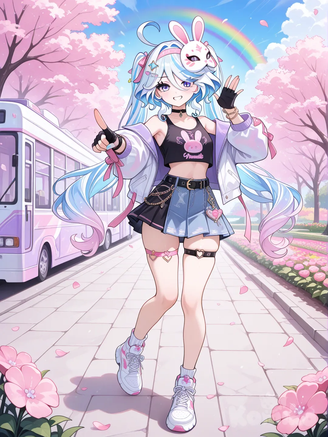 @yeonhee-d45r, @Furina_(Genshin_Impact), waving, pointing at viewer, t-shirt, leather jacket, denim skirt, headband, jewelry, bracelet, bun, blonde hair, rainbow, full body, day, bus stop, garden, flower field