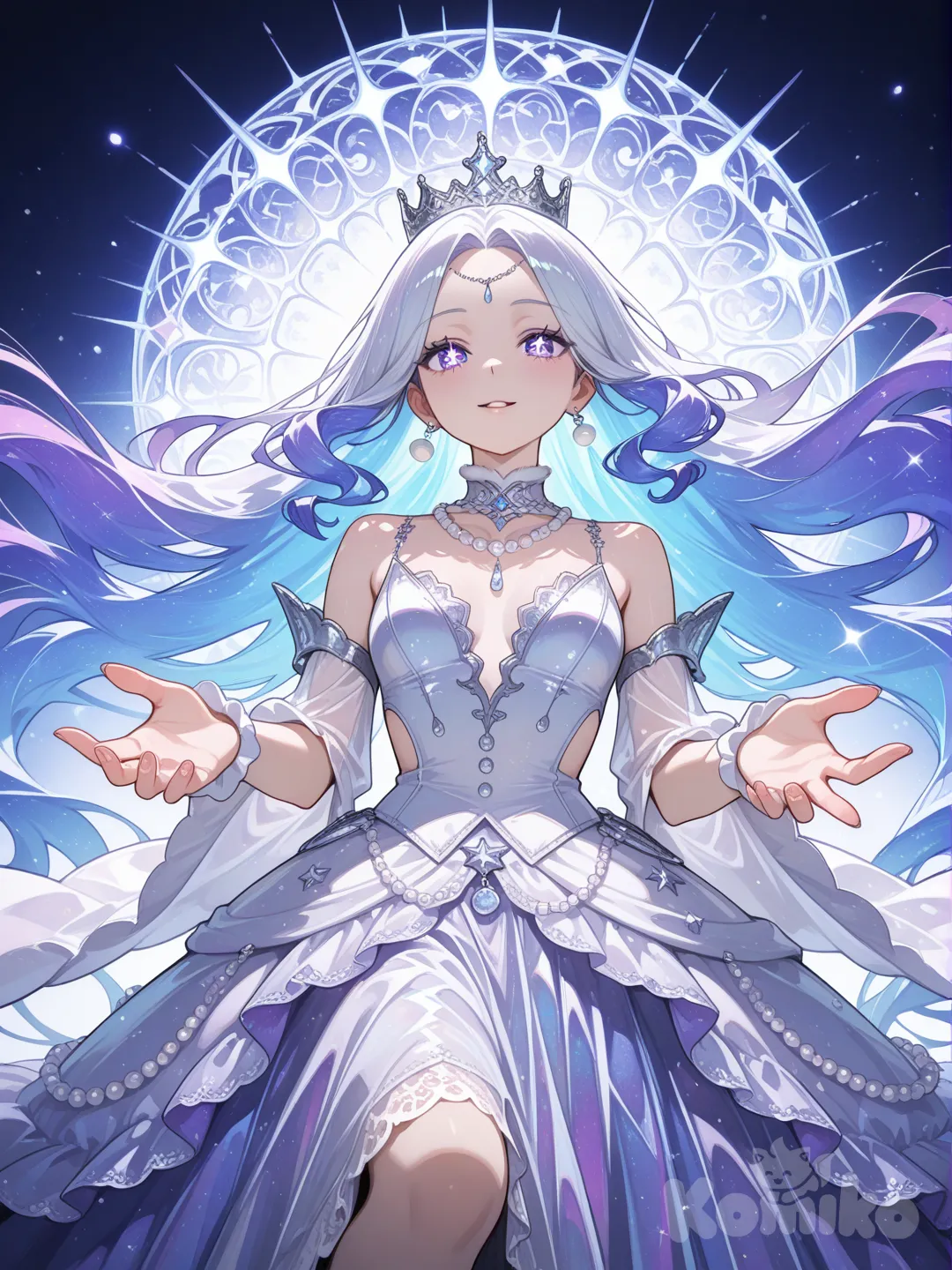 Theme: ethereal princess / goddess, cold-blue fantasy
Character: semi-realistic anime young woman with long flowing deep-blue to cyan hair, hair floating as if in wind, delicate pointed face, luminous eyes with soft sparkle, gentle yet commanding expression.
Clothing: ornate white pearl satin ball gown with lace ruffles, fur-trimmed collar, layered translucent skirt, vintage button details; large pearl necklace.
Accessories: intricate silver crown with spires and gemstones, small forehead jewel, star/pearl earrings.
Pose & Camera: low-angle three-quarter shot, slightly tilted, reaching hand extended toward viewer as if inviting or touching; focus on face and outstretched hand.
Lighting & Atmosphere: cinematic multi-source lighting — cool blue and purple rim lights with warm fill; soft volumetric light beams, subtle bloom, lens flares and bokeh particles; delicate chromatic aberration.
Background: abstract blurred luminous background — sparkling orbs, streaks of light, dreamy stage/galactic ambience in blue-purple-white palette.
Detail & Texture: ultra-hair strands, photorealistic skin texture, satin and lace fabric texture, reflective metal on crown, pearl sheen.
Art Style & Quality: ultra-8K, high dynamic range, semi-realistic anime illustration, painterly brushwork with photorealistic shading, shallow depth of field (f/1.8-f/2.8), sharp focus on eyes and hand.
Prompt modifiers: "", "cinematic lighting", "ultra-", "intricate accessories", "soft volumetric glow", "high detail jewelry and fabric".