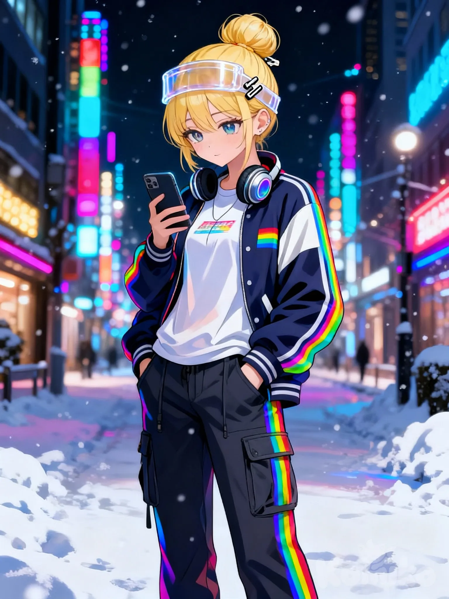 1girl, hands in pockets, looking at phone, t-shirt, varsity jacket, cargo pants, plastic, headband, hairpin, headphones, blonde hair, bun, rainbow, full body, city lights, snowy, @Furina_(Genshin_Impact), @yeonhee-d45r, @zeze-UOcA