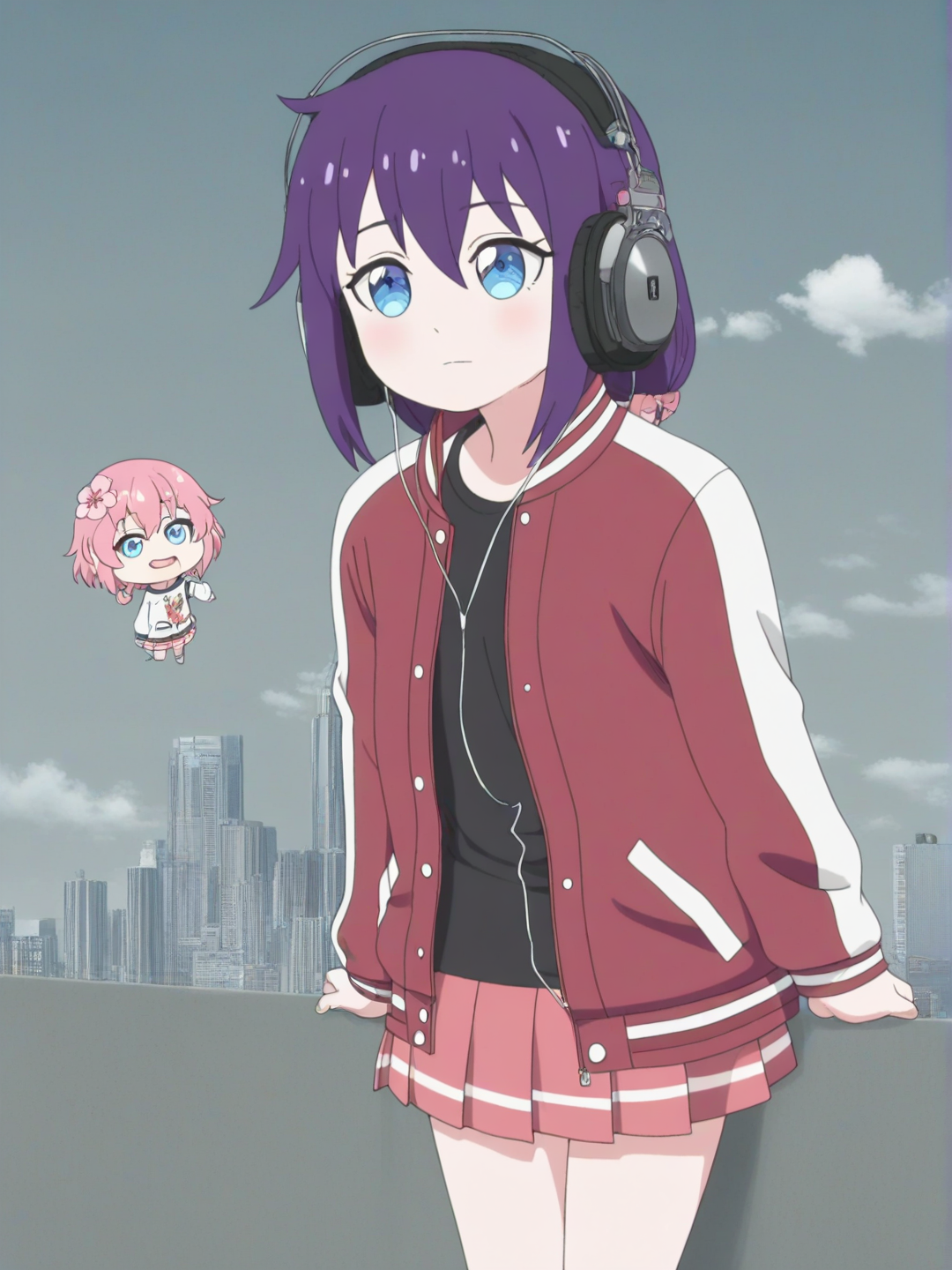 [bright-anime-style] 1girl, chibi, teenager, tall, purple hair, pink hair, blue eyes, dimple, fair skin, t-shirt, varsity jacket, pleated skirt, plastic, headband, headphones , city Bargroung ,flower fled , pack