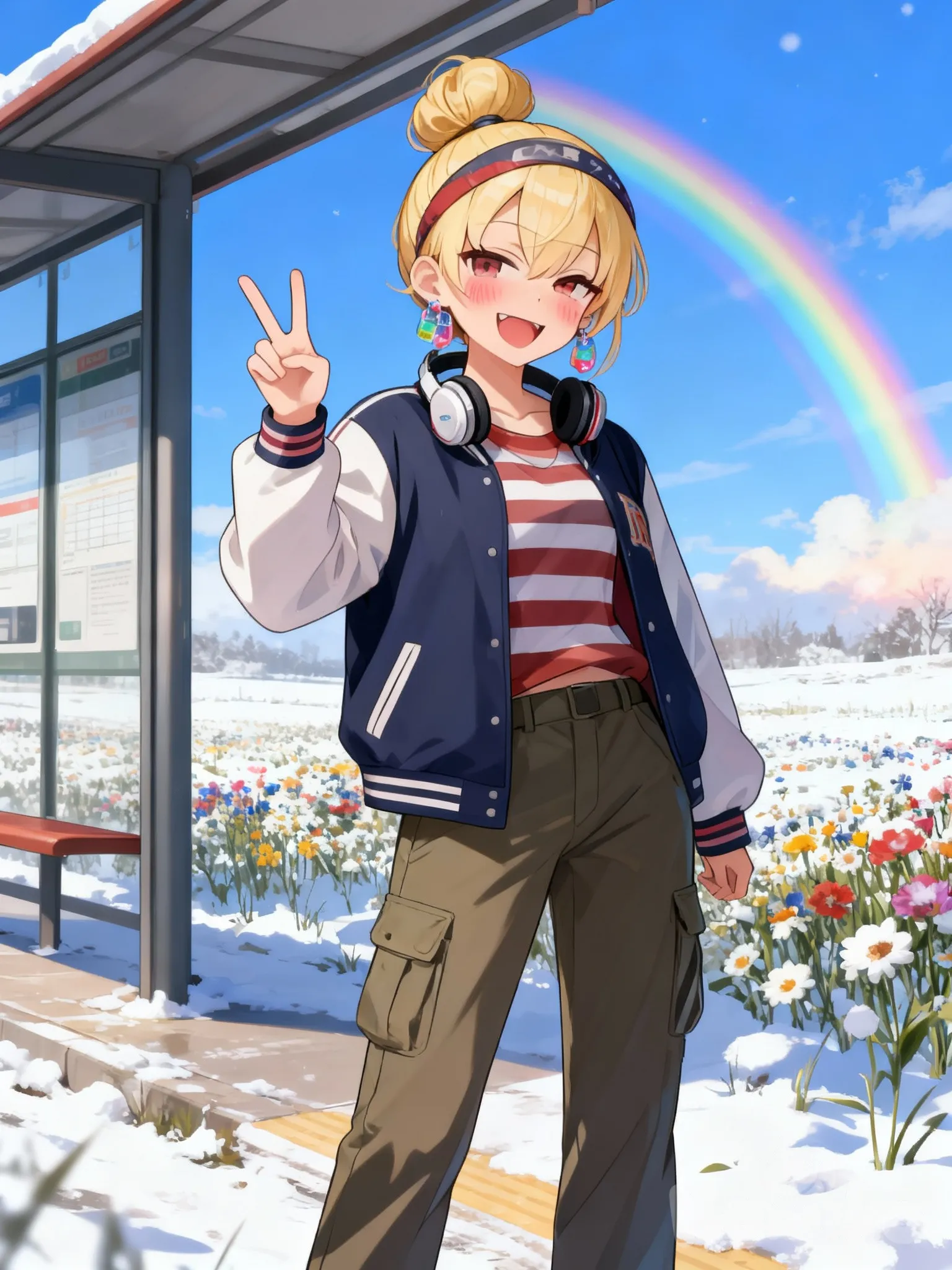 @Laffey_(Azur_Lane), waving, v sign, smile, evil smile, blush, striped shirt, varsity jacket, cargo pants, plastic, earrings, headband, headphones, blonde hair, bun, rainbow, full body, snowy, field, flower field, blue sky, bus stop, day