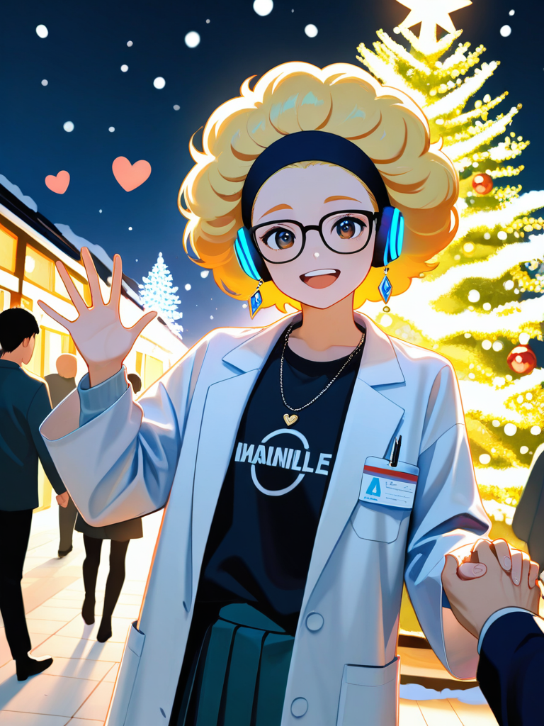 yeonhee-d45r, heart_hands, waving, lab_coat, t-shirt, pleated_skirt, plastic, headband, earrings, necklace, headphones, glasses, afro, blonde_hair, rainbow, night, snow, christmas_tree, people_around_the_tree, holding_hands, single_character, full_body, looking_at_viewer, anime_style, simple_background, white_background