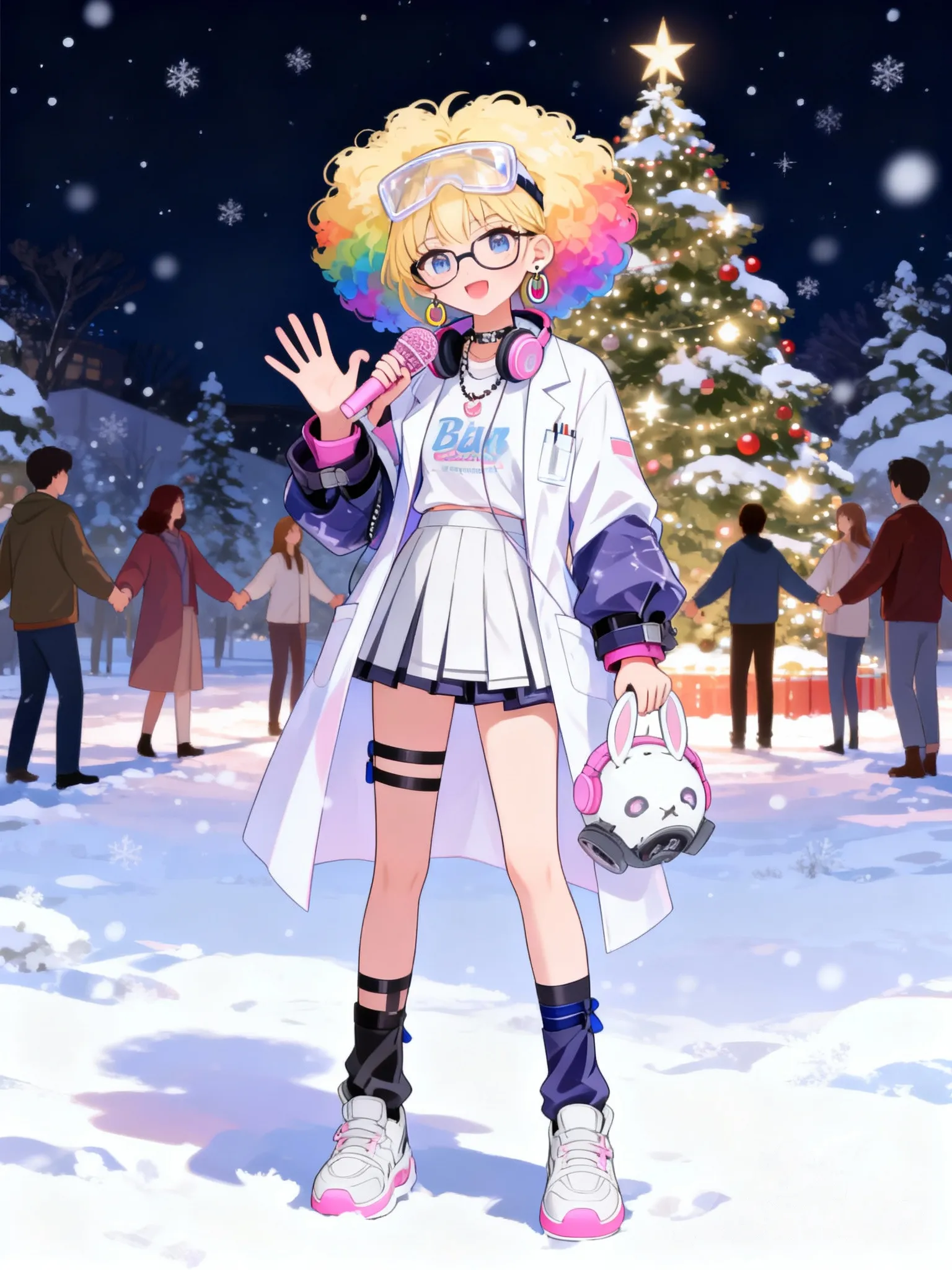 @yeonhee-d45r, heart hands, waving, lab coat, t-shirt, pleated skirt, plastic, headband, earrings, necklace, headphones, glasses, afro, blonde hair, rainbow, full body, looking at viewer, night, snowy, Christmas tree , people around the tree , holding hands