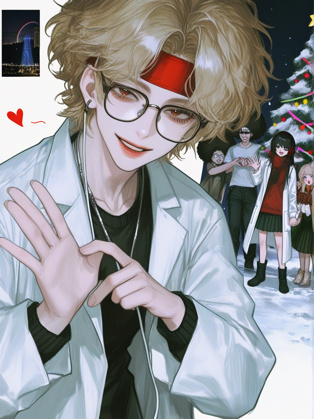 [semi-realistic-portrait-style] yeonhee-d45r, heart_hands, waving, lab_coat, t-shirt, pleated_skirt, plastic, headband, earrings, necklace, headphones, glasses, afro, blonde_hair, rainbow, night, snow, christmas_tree, people_around_the_tree, holding_hands, single_character, full_body, looking_at_viewer, anime_style, simple_background, white_background