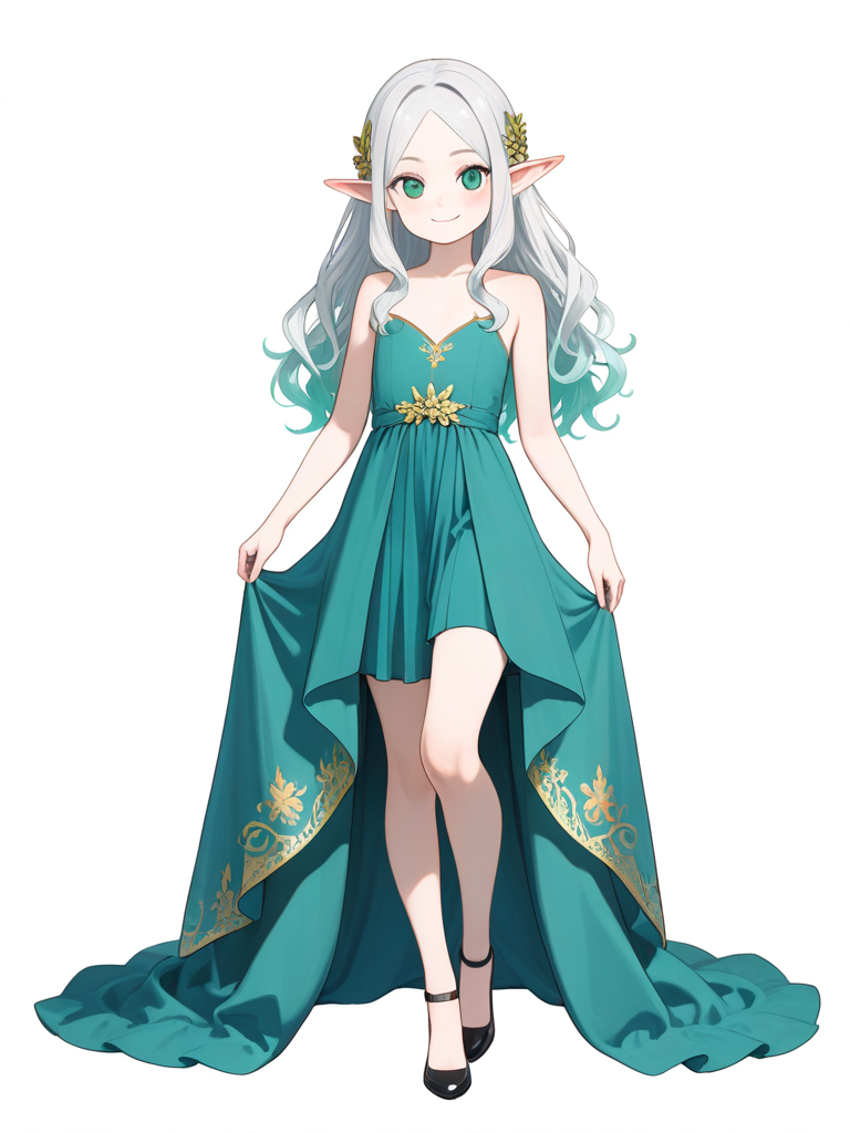 1girl, silver hair, long hair, wavy hair, emerald eyes, petite, slender build, flowing ethereal gown, gentle confident smile, subtle magical aura, delicate floral accessories, pointed elven ears, single character, full body, looking at viewer, anime style, simple background, white background