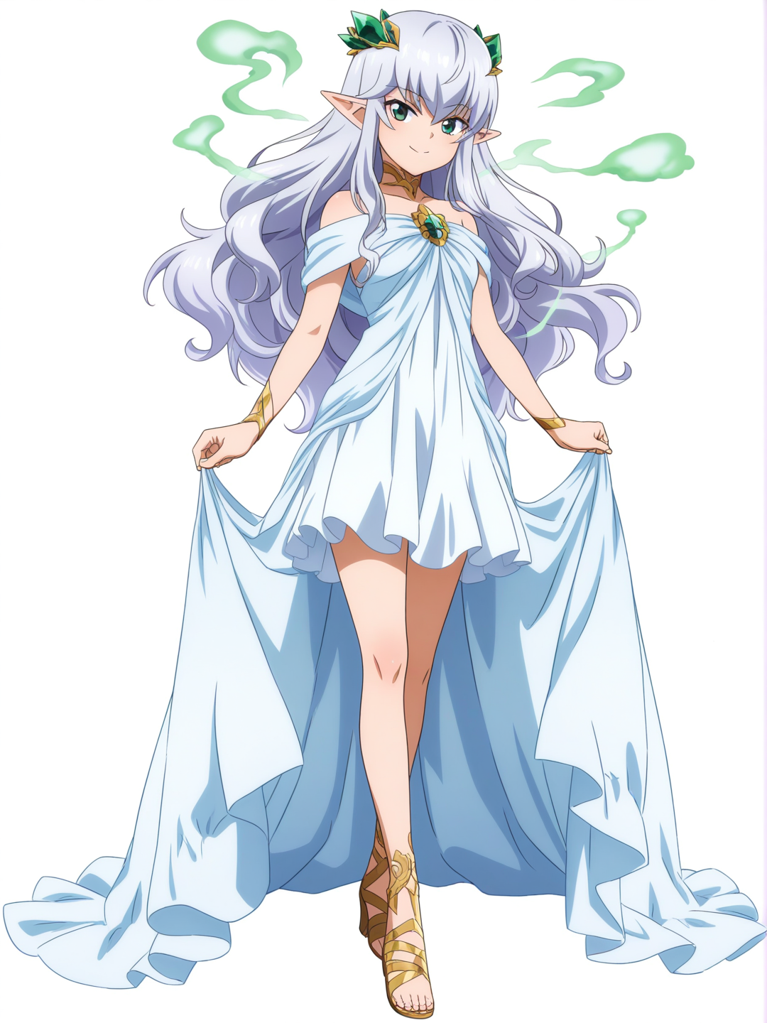 [pop-anime-style] 1girl, silver hair, long hair, wavy hair, emerald eyes, petite, slender build, flowing ethereal gown, gentle confident smile, subtle magical aura, delicate floral accessories, pointed elven ears, single character, full body, looking at viewer, anime style, simple background, white background