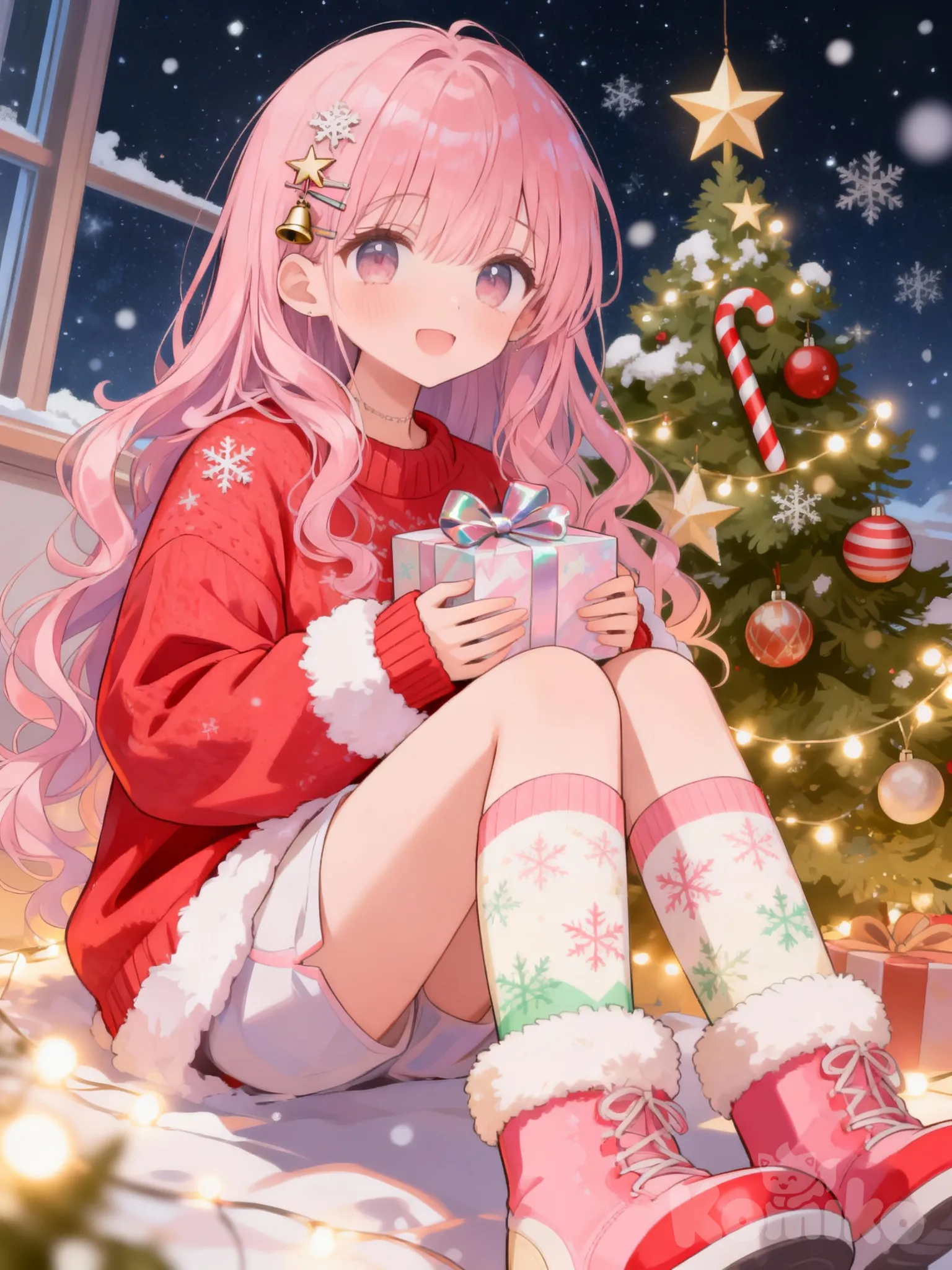 One anime girl with big sparkly eyes and a warm smile
Hair style: soft waves or twin tails with Christmas hair clips (snowflakes, stars, or tiny bells)
Expression: happy and gentle, like she’s excited to give a gift
Clothing (super cute outfit):
A Christmas-themed outfit:
Oversized red or pastel sweater with white fluffy trim
Short skirt or cute shorts
Knee-high socks with snowflake patterns
Cozy boots with fur lining
Colors: red, white, pink, cream, or pastel green
Present:
She’s holding one present in her hand
Small gift box wrapped in pastel paper
Big shiny bow on top
She’s holding it close to her chest to make it look adorable
Christmas Decorations:
Soft glowing fairy lights around her
A decorated Christmas tree behind her
Ornaments, candy canes, and stars
Light snow falling for a magical effect ❄️
Background & Style:
Warm, cozy vibe (soft lighting, gentle glow)
Cute anime style (big eyes, smooth shading, pastel tones)
Overall feeling: sweet, magical, and festive, @zoe-QiQR