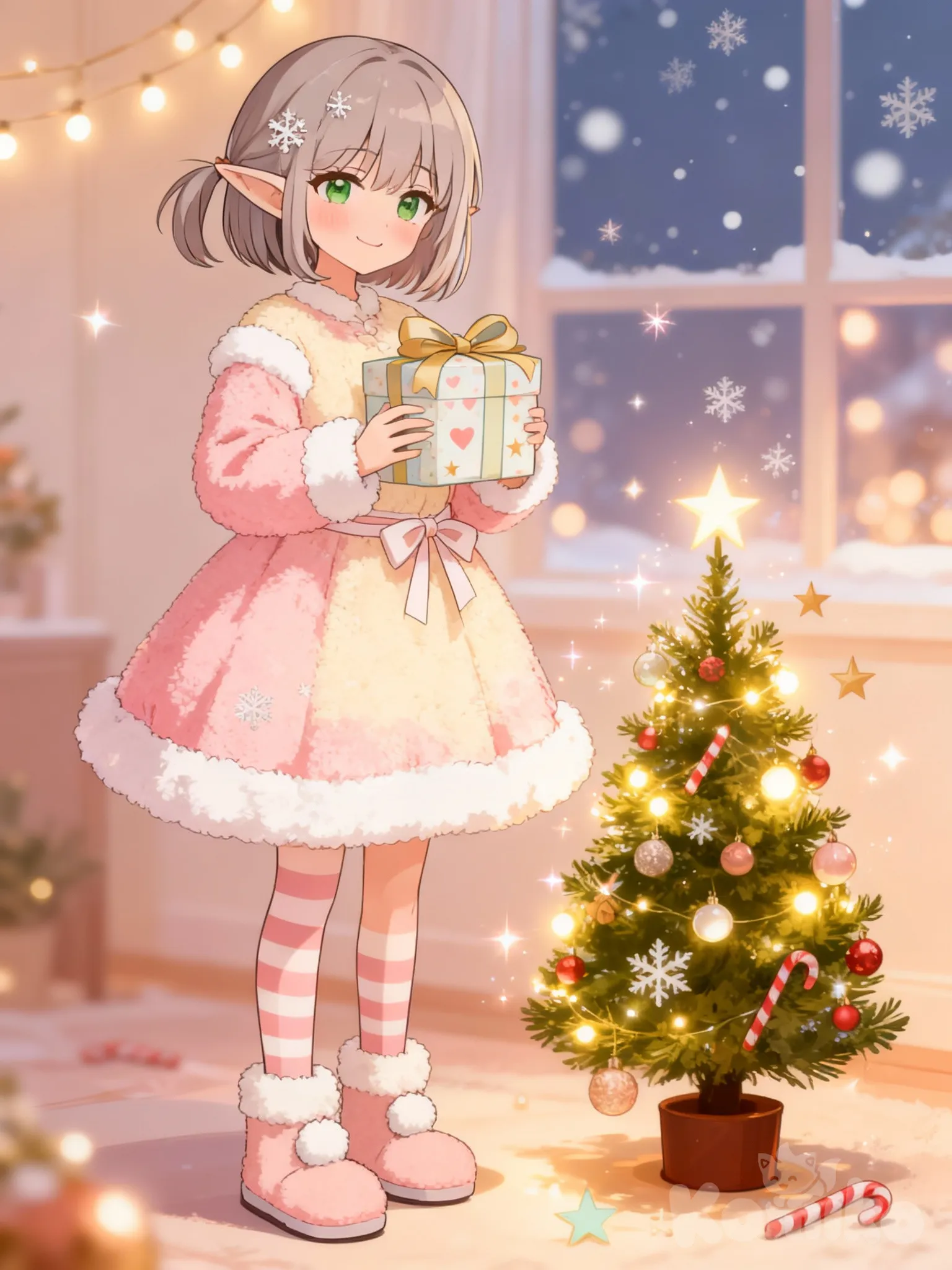 One anime girl with big shiny eyes and soft blush on her cheeks
Hair in short bob or side ponytail, with tiny snowflake clips
Sweet, shy smile like she’s about to surprise someone
Outfit (extra cute & cozy):
A fluffy pastel Christmas dress (baby pink, cream, or light green)
White fur trim around the sleeves and hem
A cute ribbon bow at the waist
Striped tights or fluffy stockings
Soft ankle boots or slippers with pom-poms
Present:
She’s holding one small present in both hands
Wrapped in light pastel paper with hearts or stars
Big ribbon bow that matches her outfit
Christmas Decorations:
Mini Christmas tree next to her with glowing lights
Floating sparkles and tiny snowflakes
Candy canes, stars, and ornaments around her
Background:
Warm indoor room with fairy lights
Soft glowing windows showing falling snow outside
Everything has a soft, dreamy glow
Art Style:
Very kawaii anime style
Pastel colours
Soft lighting, rounded shapes
Looks adorable and magical ✨, @priscilla-YaFq
