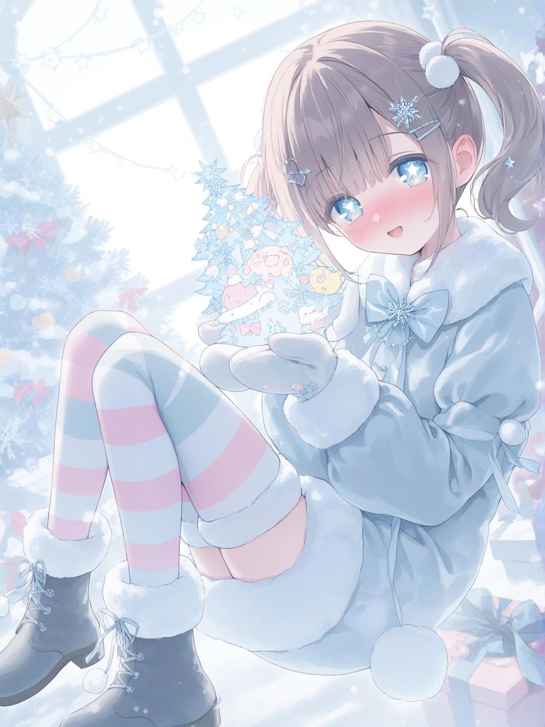[soft-pastel-style] 1girl, solo, heart-shaped_pupils, large_eyes, sparkling_eyes, blush, nose_blush, open_mouth, smile, head_tilt, twintails, short_hair, brown_hair, hairclip, snowflake_hair_ornament, star_hair_ornament, bow_hair_ornament, frills, dress, puffy_sleeves, fur_trim, ribbon, pom_pom, gloves, mittens, thighhighs, striped_thighhighs, heart_thighhighs, boots, bow_footwear, holding, gift, box, ribbon, hearts, stars, sparkles, snowflakes, floating, candy_cane, star, glowing, christmas_tree, heart_ornament, indoors, fairy_lights, window, snow, bokeh, kawaii, cute, pastel_colors, soft_shading, glowing, plush, soft_lighting, single_character, full_body, looking_at_viewer, anime_style, simple_background, white_background