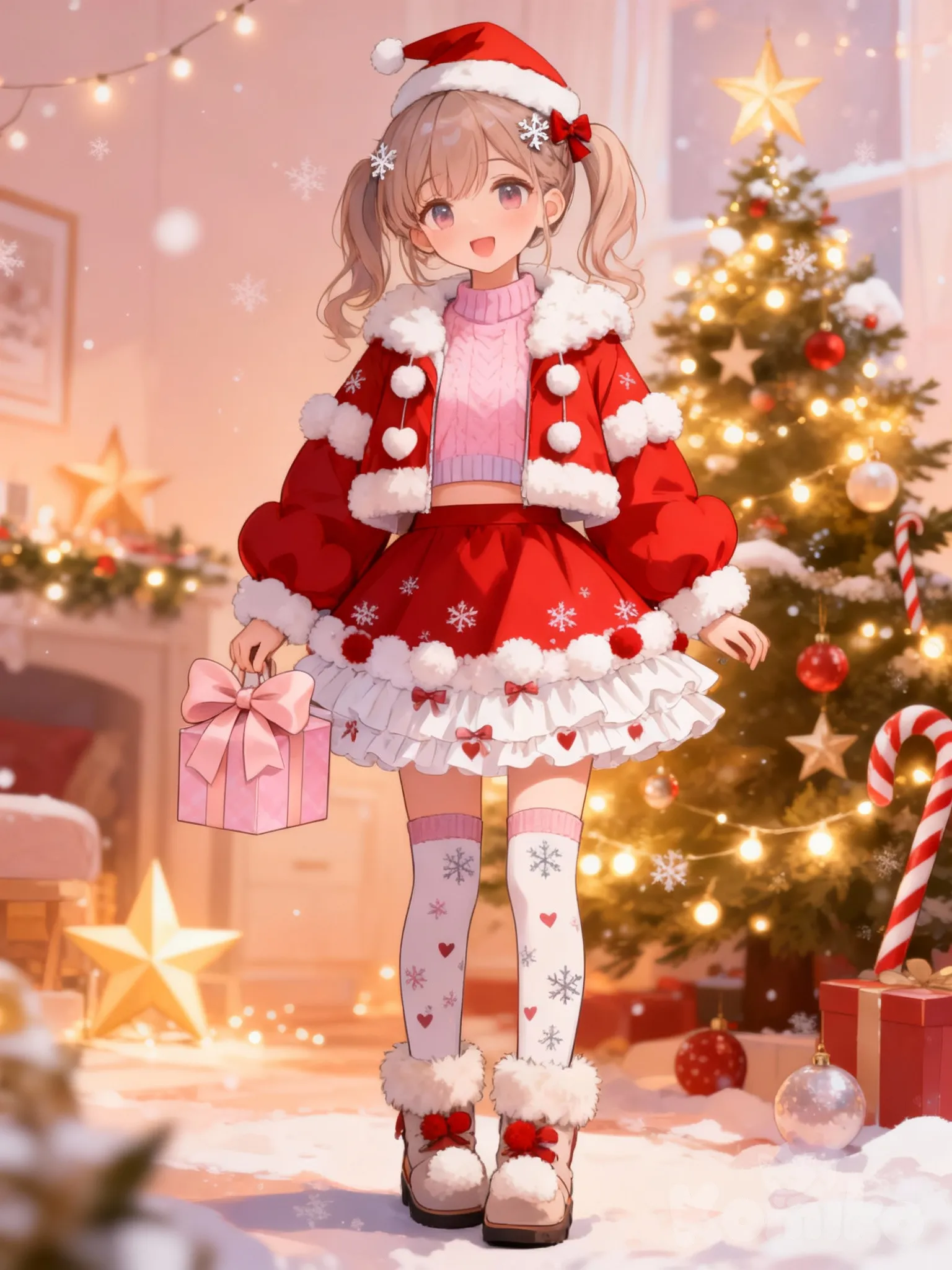 Character Vibe
One adorable anime girl with big sparkly eyes and soft rosy cheeks
Tiny nose, rounded face, extra blush for cuteness
Expression: sweet, gentle smile like she’s shyly giving a present 💝
💇‍♀️ Hair & Accessories
Hair: soft twin ponytails or short bob
Slight curls at the ends for extra cuteness
Accessories:
Tiny snowflake hair clips
Small red bow
Optional mini Santa hat tilted slightly
🧥 Layered Jacket (Super Cozy!)
A layered winter jacket:
Inner layer: soft cream or pastel pink sweater
Outer layer: cute cropped jacket
Jacket details:
Red and white fluffy puff trim around:
Sleeves
Collar
Bottom edge
Tiny pom-poms or buttons shaped like hearts ❣️
👗 Layered Skirt (Extra Kawaii!)
A layered skirt with:
Top layer: red or pastel pink fabric
Bottom layer: white frilly lace
The bottom edge has red & white fluffy puff trim
Small bows or snowflake patterns on the skirt
🎁 Present
She’s holding one small gift in both hands
Wrapped in pastel paper (pink, mint, or cream)
Big soft ribbon bow on top
Held close to her chest for maximum cuteness 🥺💗
🧦 Socks & Shoes
Fluffy thigh-high socks with:
Snowflakes
Tiny hearts
Cozy ankle boots or soft shoes with:
Pom-poms
Fur trim
🎄 Background & Decorations
Warm cozy room
Glowing Christmas tree behind her
Fairy lights everywhere ✨
Candy canes, stars, and ornaments
Soft snow falling (even indoors for magical effect ❄️)
🎨 Art Style
Very kawaii anime style
Pastel colours
Soft lighting
Rounded shapes
Dreamy, warm, Christmas magic vibe 💫, @zoe-QiQR