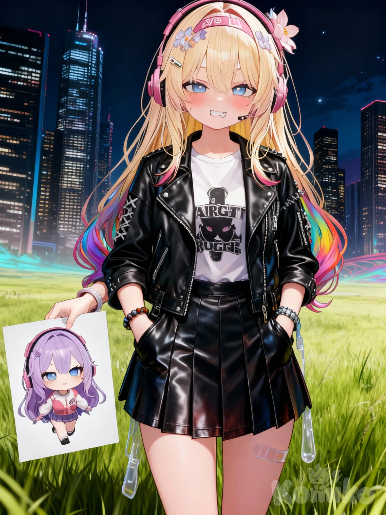 @mila-ngJY, hands in pockets, blush, angry, evil smile, t-shirt, punk leather jacket, leather pleated skirt, plastic, headband, hairpin, headphones, bracelet, blonde hair, rainbow, full body, day, night, skyscraper, grassland