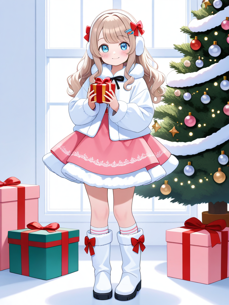 1girl, large_eyes, blue_eyes, blush, smile, long_hair, wavy_hair, light_brown_hair, hairclip, hair_bow, earmuffs, cream_jacket, oversized_clothes, puffy_sleeves, fur_trim, white_trim, heart-shaped_button, pom_pom, skirt, pink_skirt, layered_skirt, frilled_skirt, lace_trim, fluffy_trim, side_bow, holding, box, gift, ribbon, knee_socks, cream_socks, boots, white_boots, fur_trim, boot_bow, christmas, indoors, string_lights, christmas_tree, snow, window, kawaii, pastel_colors, soft_lighting, single character, full body, looking at viewer, anime style, simple background, white background