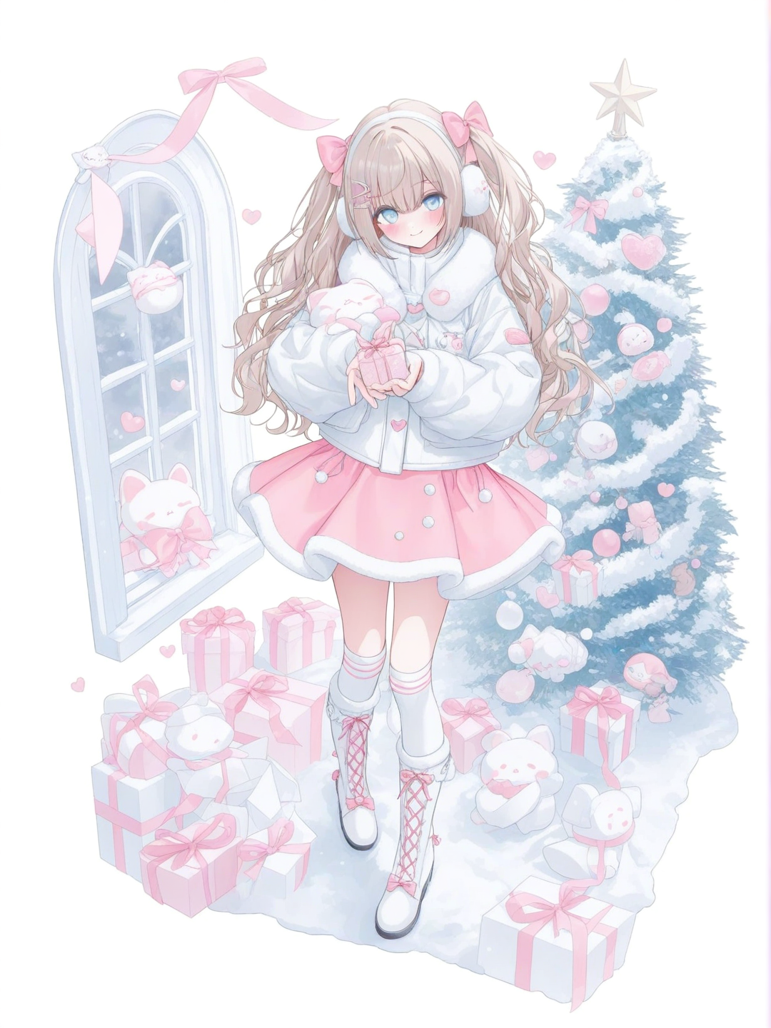 [soft-pastel-style] 1girl, large_eyes, blue_eyes, blush, smile, long_hair, wavy_hair, light_brown_hair, hairclip, hair_bow, earmuffs, cream_jacket, oversized_clothes, puffy_sleeves, fur_trim, white_trim, heart-shaped_button, pom_pom, skirt, pink_skirt, layered_skirt, frilled_skirt, lace_trim, fluffy_trim, side_bow, holding, box, gift, ribbon, knee_socks, cream_socks, boots, white_boots, fur_trim, boot_bow, christmas, indoors, string_lights, christmas_tree, snow, window, kawaii, pastel_colors, soft_lighting, single character, full body, looking at viewer, anime style, simple background, white background