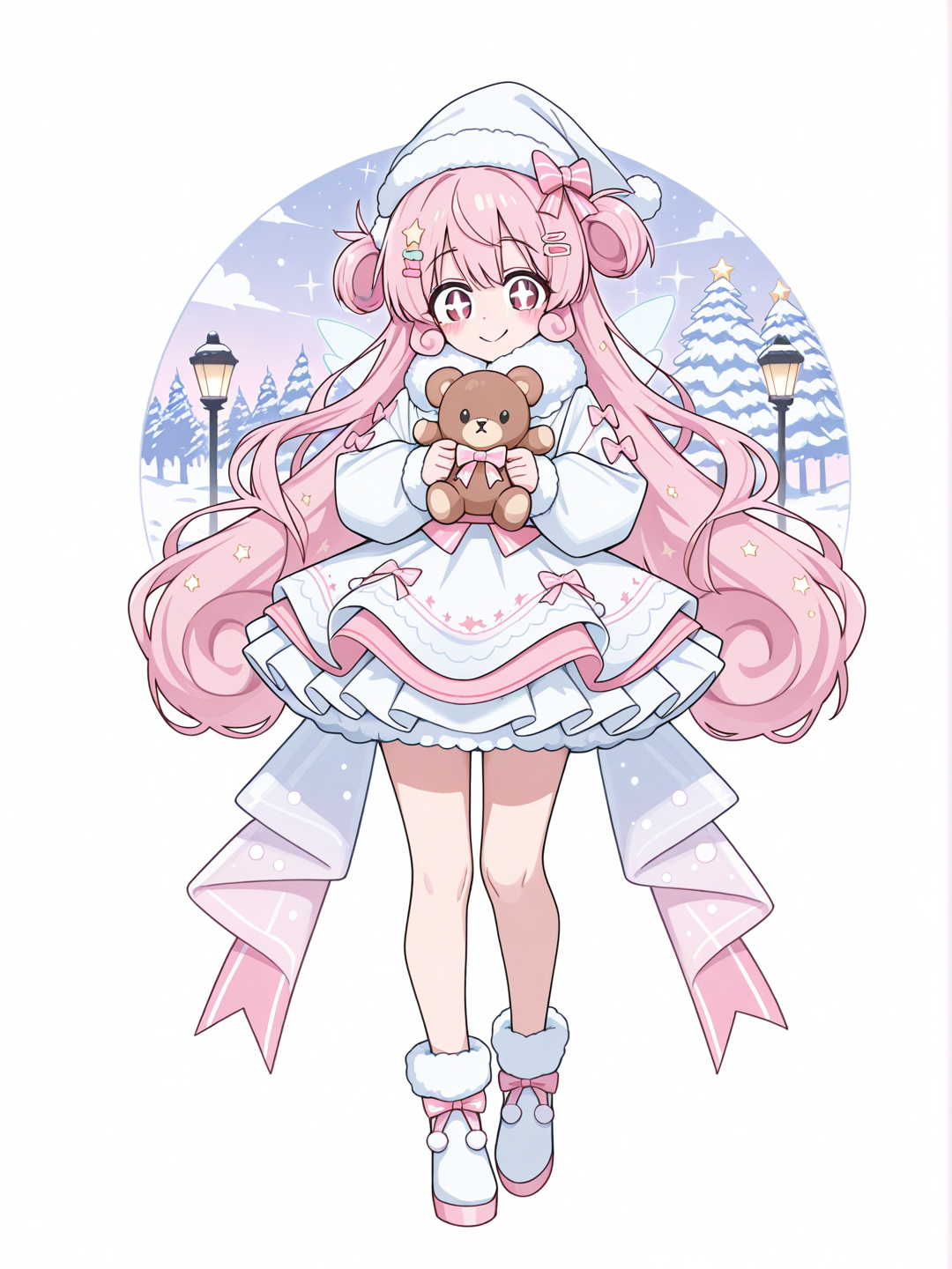 [toon-shaded-style] 1girl, christmas, snow, pink snow, white snow, sugar crystals, twinkling fairy lights, short fluffy dress, pastel colors, baby pink, creamy white, layered skirt, whipped cream skirt, sparkles, glowing fabric, puffy sleeves, fur trim, cloud fur, satin bow, waist bow, swaying bow, shiny hair, bouncy hair, twin curls, half-up hairstyle, heart-shaped hair clips, snowflake hair ornament, star hair ornament, candy star, twinkling hair accessories, huge eyes, bright eyes, sweet expression, giggling expression, rosy cheeks, warm cheeks, happy smile, safe smile, holding plush toy, teddy bear, santa hat, holding cup, hot chocolate, glowing drink, star-shaped marshmallows, sparkling steam, candy cane, glowing candy cane, fairy light candy cane, snow bunny, background bunnies, christmas bell, shimmering bell, christmas street, pastel houses, ribbon lamppost, christmas tree, bow decoration, heart decoration, soft lights, single character, full body, looking at viewer, anime style, simple background, white background