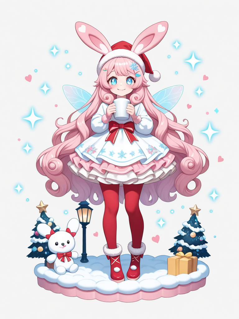 1girl, christmas, snow, pink snow, white snow, sugar crystals, twinkling fairy lights, short fluffy dress, pastel colors, baby pink, creamy white, layered skirt, whipped cream skirt, sparkles, glowing fabric, puffy sleeves, fur trim, cloud fur, satin bow, waist bow, swaying bow, shiny hair, bouncy hair, twin curls, half-up hairstyle, heart-shaped hair clips, snowflake hair ornament, star hair ornament, candy star, twinkling hair accessories, huge eyes, bright eyes, sweet expression, giggling expression, rosy cheeks, warm cheeks, happy smile, safe smile, holding plush toy, teddy bear, santa hat, holding cup, hot chocolate, glowing drink, star-shaped marshmallows, sparkling steam, candy cane, glowing candy cane, fairy light candy cane, snow bunny, background bunnies, christmas bell, shimmering bell, christmas street, pastel houses, ribbon lamppost, christmas tree, bow decoration, heart decoration, soft lights, single character, full body, looking at viewer, anime style, simple background, white background