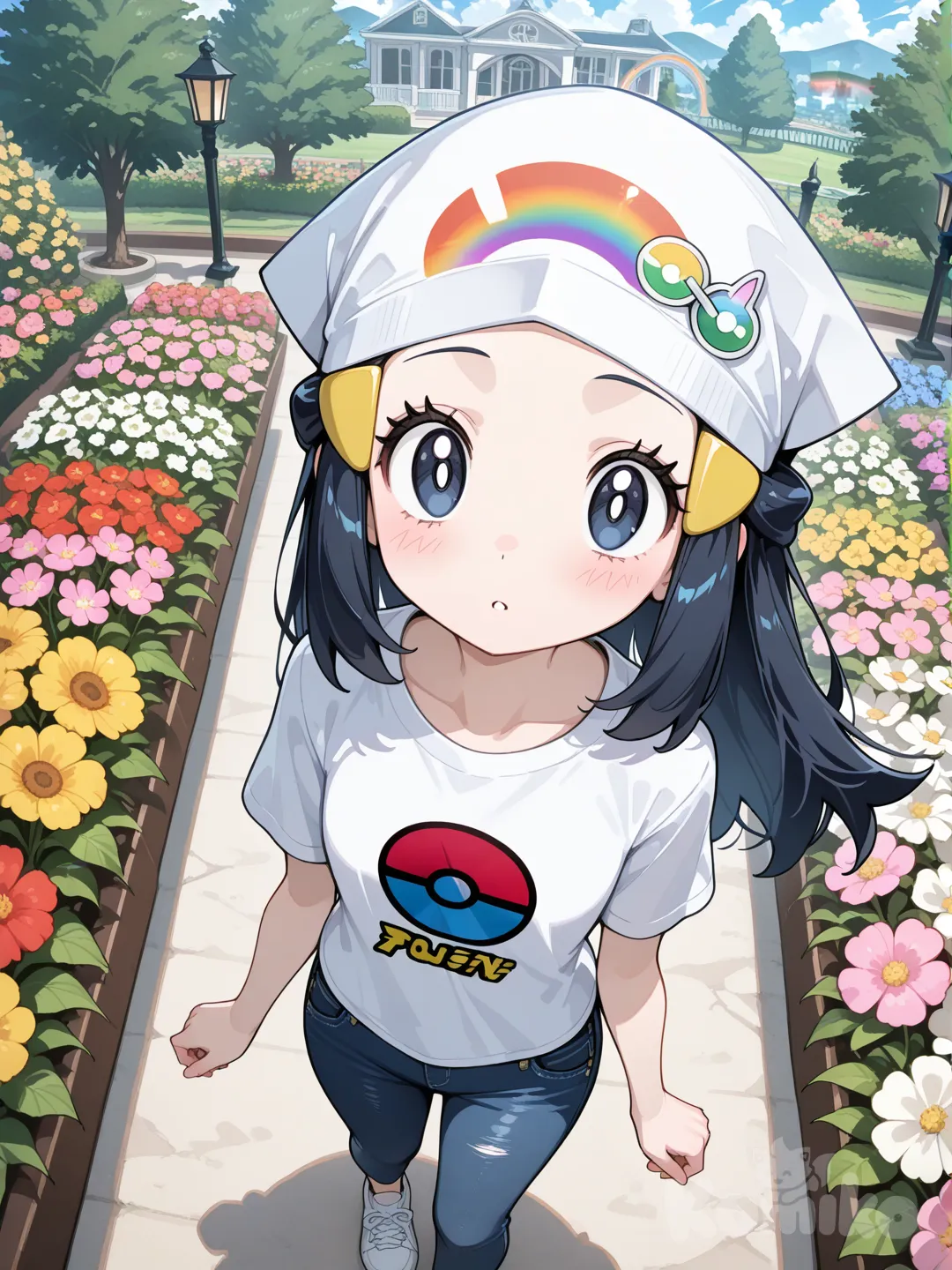 Pale skin, Akari (Pokemon), t-shirt, jeans, plastic, hairpin, hair accessory, headband, spiky hair, rainbow, bird's-eye view, day, gardenu ,round eyes