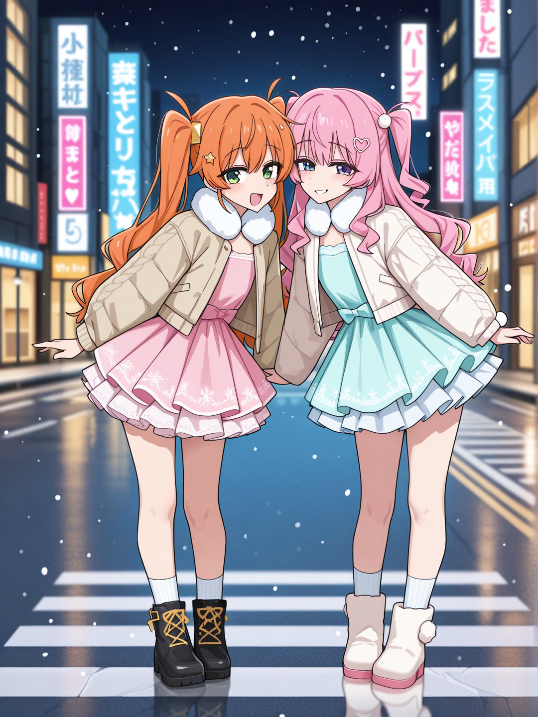 [toon-shaded-style] 2girls, standing side by side, leaning towards each other, smiling, looking at viewer, confident expression, cute, one wearing flowy pastel dress, blush pink dress, cream dress, lace trim, light cropped jacket, beige jacket, white jacket, fluffy collar, fluffy sleeves, layered skirt, sparkly skirt, ankle boots, bow on boots, pearl on boots, long hair, curly hair, snowflake hair ornament, star hair ornament, gentle, dreamy, graceful, other wearing short dress, baby blue dress, lavender dress, mint dress, ribbon waist, oversized jacket, puffer jacket, wool jacket, open jacket, kneehigh socks, boots, hair half up, twin tails, heart hair ornament, ribbon hair ornament, playful, fashionable, tokyo, city street, night, street light, neon sign, pink neon, blue neon, gold neon, blurred background, crosswalk, snow, light reflection, magical atmosphere, cinematic, full body, looking at viewer, anime style