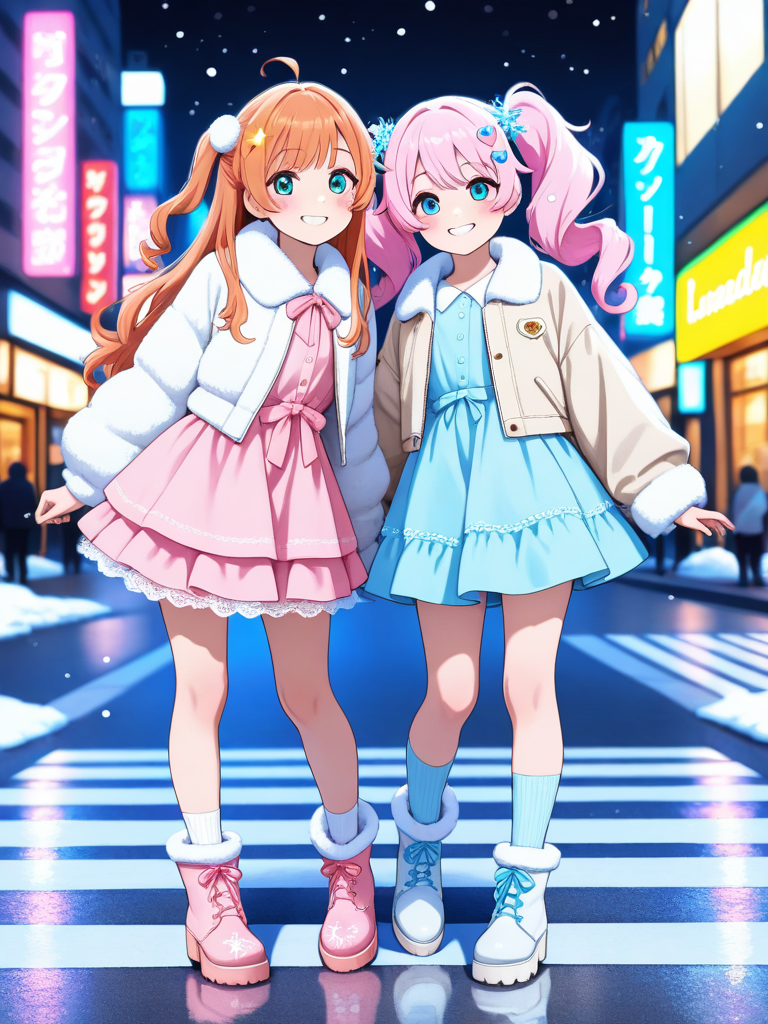 2girls, standing side by side, leaning towards each other, smiling, looking at viewer, confident expression, cute, one wearing flowy pastel dress, blush pink dress, cream dress, lace trim, light cropped jacket, beige jacket, white jacket, fluffy collar, fluffy sleeves, layered skirt, sparkly skirt, ankle boots, bow on boots, pearl on boots, long hair, curly hair, snowflake hair ornament, star hair ornament, gentle, dreamy, graceful, other wearing short dress, baby blue dress, lavender dress, mint dress, ribbon waist, oversized jacket, puffer jacket, wool jacket, open jacket, kneehigh socks, boots, hair half up, twin tails, heart hair ornament, ribbon hair ornament, playful, fashionable, tokyo, city street, night, street light, neon sign, pink neon, blue neon, gold neon, blurred background, crosswalk, snow, light reflection, magical atmosphere, cinematic, full body, looking at viewer, anime style