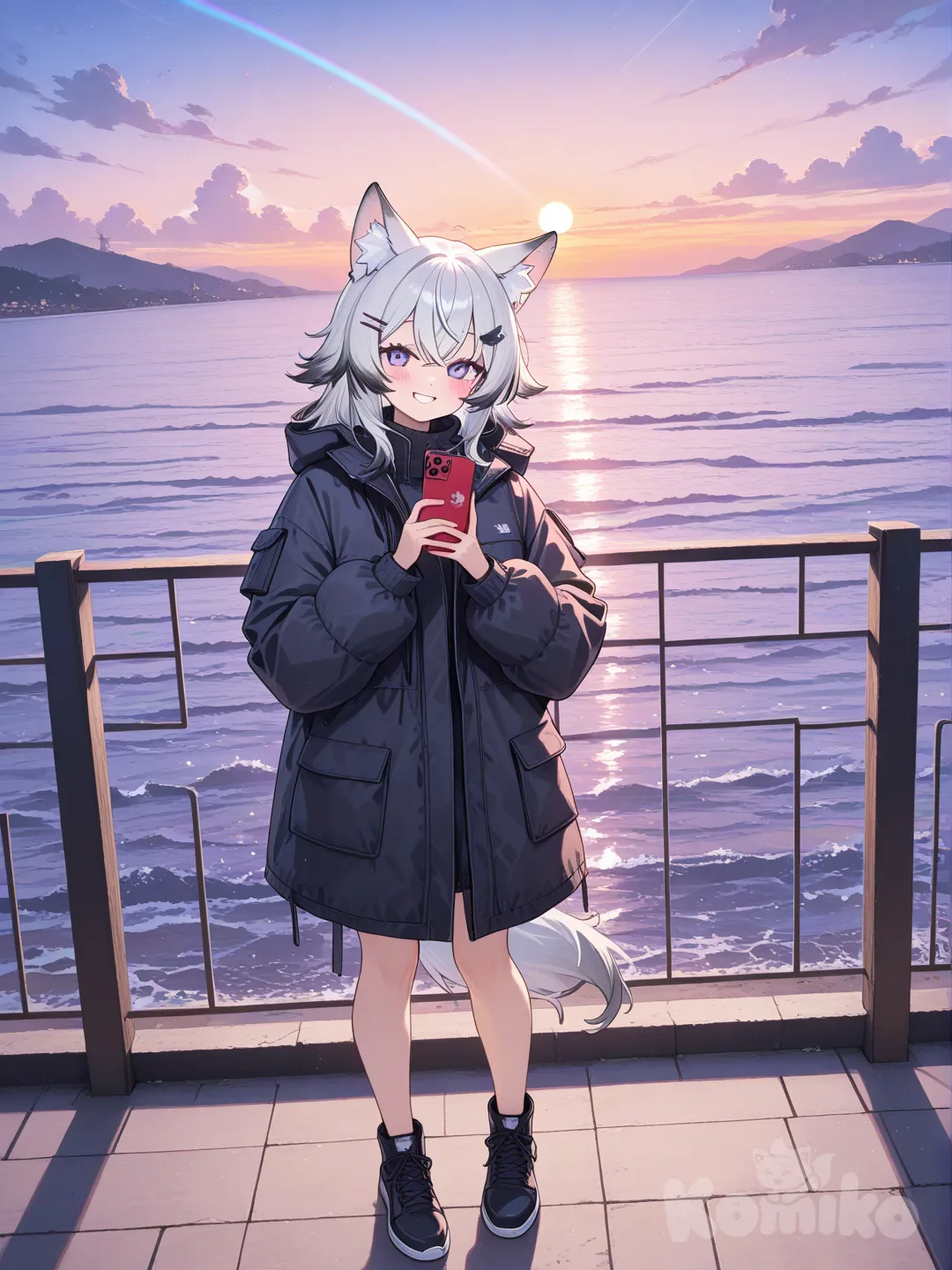 1girl, selfie, blush, smile, down jacket, lace, hairpin, wolf ears, spiky hair, rainbow, full body, day, lake, ocean, cafe