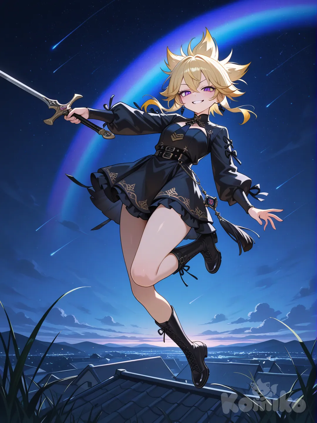 1girl, jumping from rooftop, holding sword, evil smile, little black dress, tassels, tie, blonde hair, spiky hair, rainbow, full body, night, field