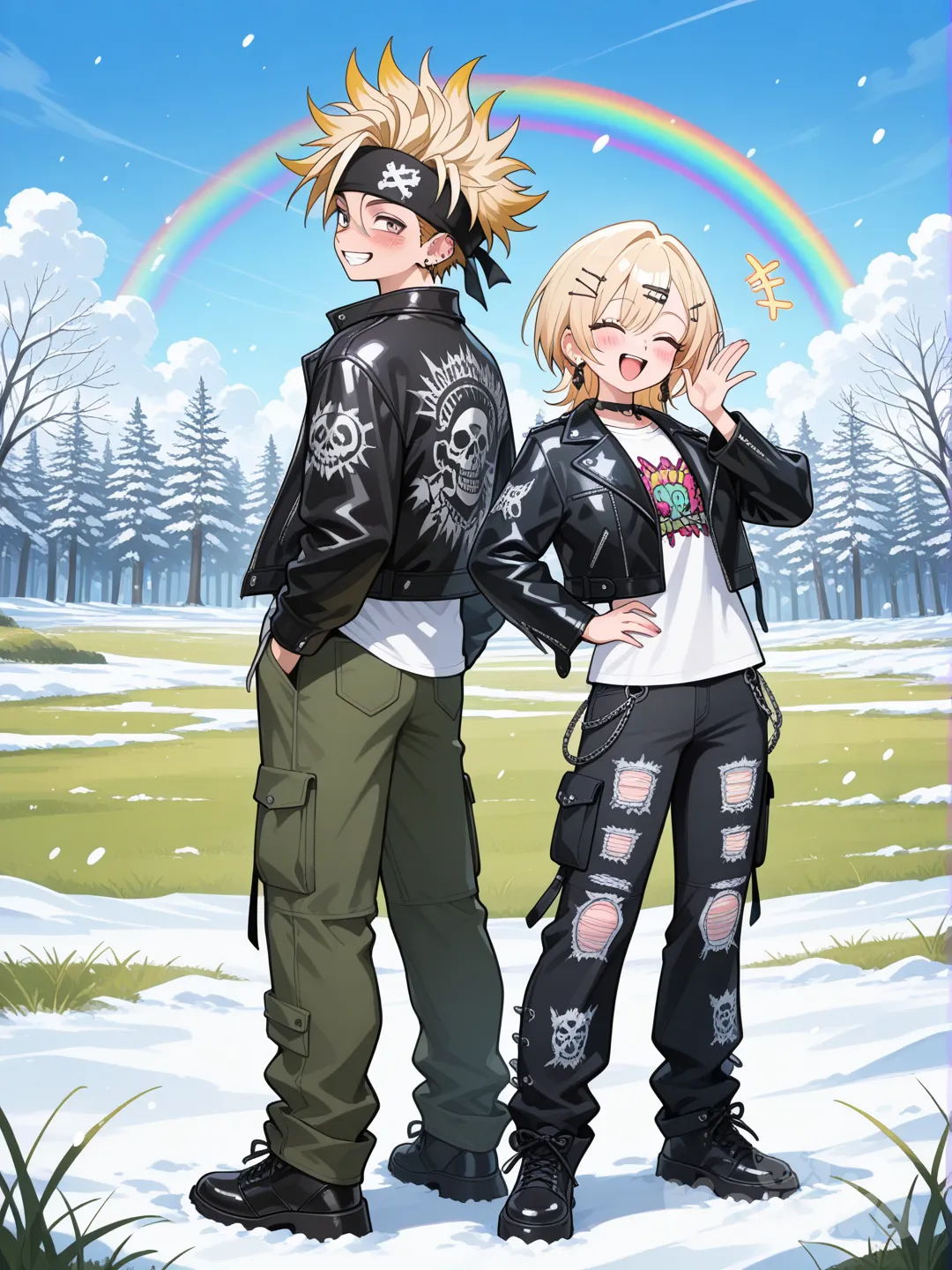 1boy, 1girl, 2people, back to back, smile, blush, laughing, t-shirt, punk leather jacket, cargo pants, headband, hairpin, earrings, blonde hair, spiky hair, rainbow, full body, day, grassland, park, snowy