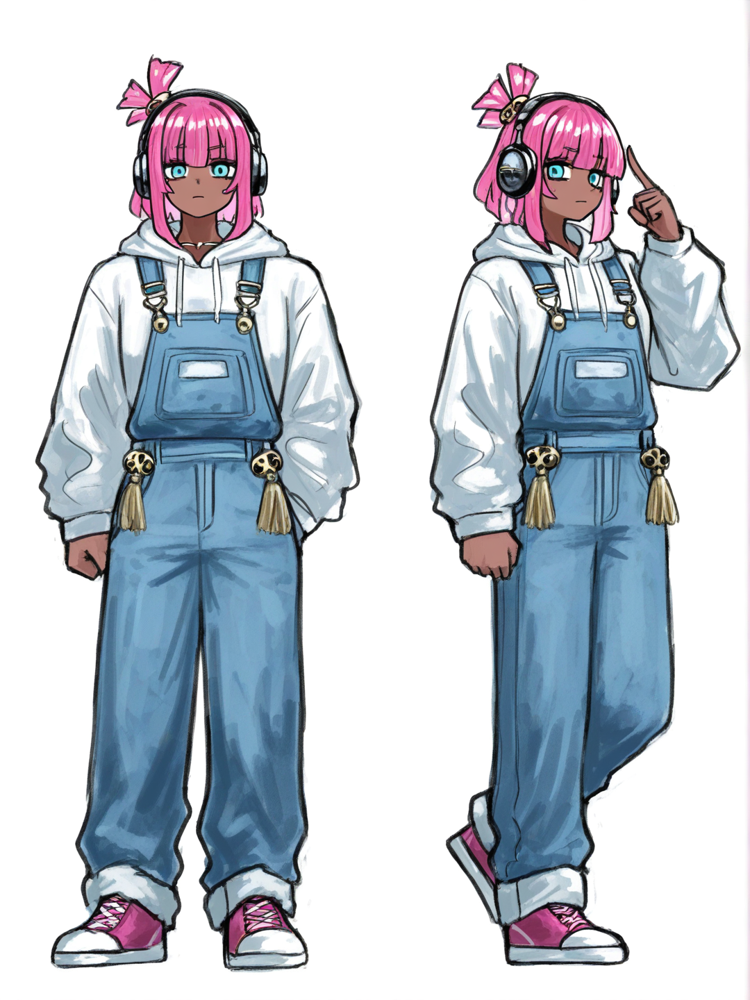 [sketchy-painterly-style] 1girl, teenager, muscular, dark skin, purple hair, pink hair, blue eyes, dimple, hair accessory, headphones, hoodie, overalls, tassels, single character, full body, looking at viewer, anime style, simple background, white background
