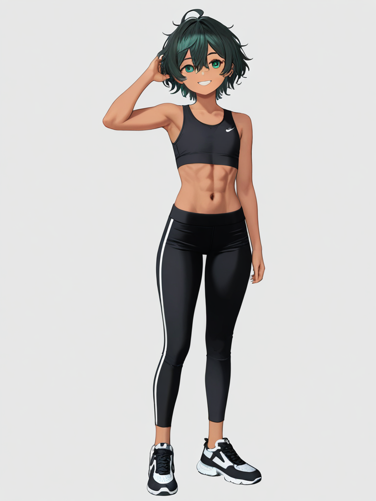 1girl, tall, lean, emerald_eyes, messy_hair, dark_hair, fair_skin, smile, broad_shoulders, elegant_jawline, toned, single character, full body, looking at viewer, anime style, simple background, white background