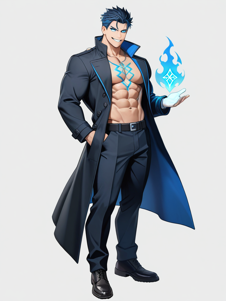 1boy, tall male, muscular build, broad shoulders, defined abs, intense blue eyes, windswept black hair, sharp facial features, mysterious smirk, black trench coat, glowing runes on skin, single character, full body, looking at viewer, anime style, simple background, white background