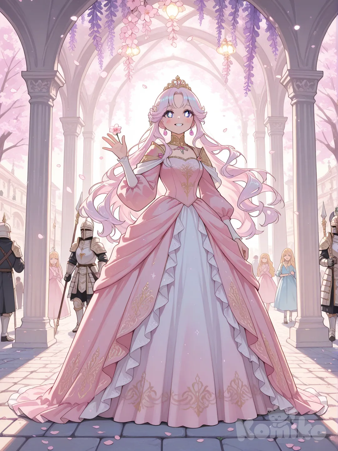 1girlPrincess Anime Idea
A graceful anime princess stands in the centre, wearing a beautiful flowing gown made of soft pastel colours like pink, lavender, or pearl white. The gown has layered skirts, delicate lace at the edges, and small sparkling details like stars, flowers, or jewels sewn into the fabric. Her hair is long and shiny, gently flowing, with a tiara or floral crown resting on her head. Her expression is calm and kind, with big sparkling eyes and a gentle smile.
In the background, there are people from the kingdom:
Royal guards standing respectfully on each side
Noble ladies in elegant dresses chatting softly
Children looking up at the princess with admiration
Some townspeople smiling, holding flowers or waving
The setting could be a palace courtyard or grand hall, with tall columns, glowing lanterns, and soft sunlight. Maybe cherry blossoms or petals float in the air to make it feel magical and peaceful 🌸✨