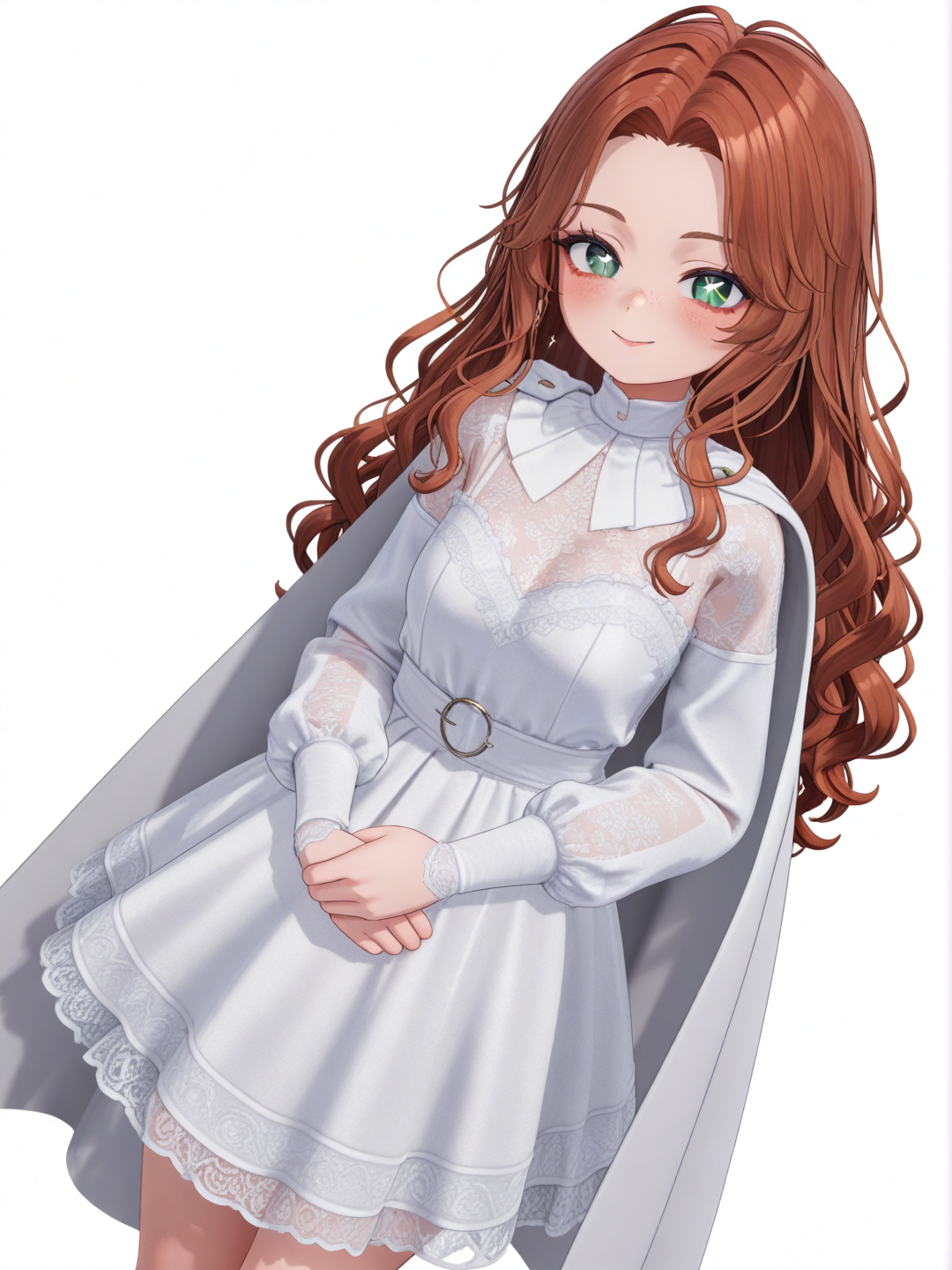 [3d-anime-style] 1girl, long_hair, wavy_hair, auburn_hair, emerald_eyes, sparkling_eyes, freckles, lace_dress, confident_pose, smile, makeup, cape, single_character, full_body, looking_at_viewer, anime_style, simple_background, white_background