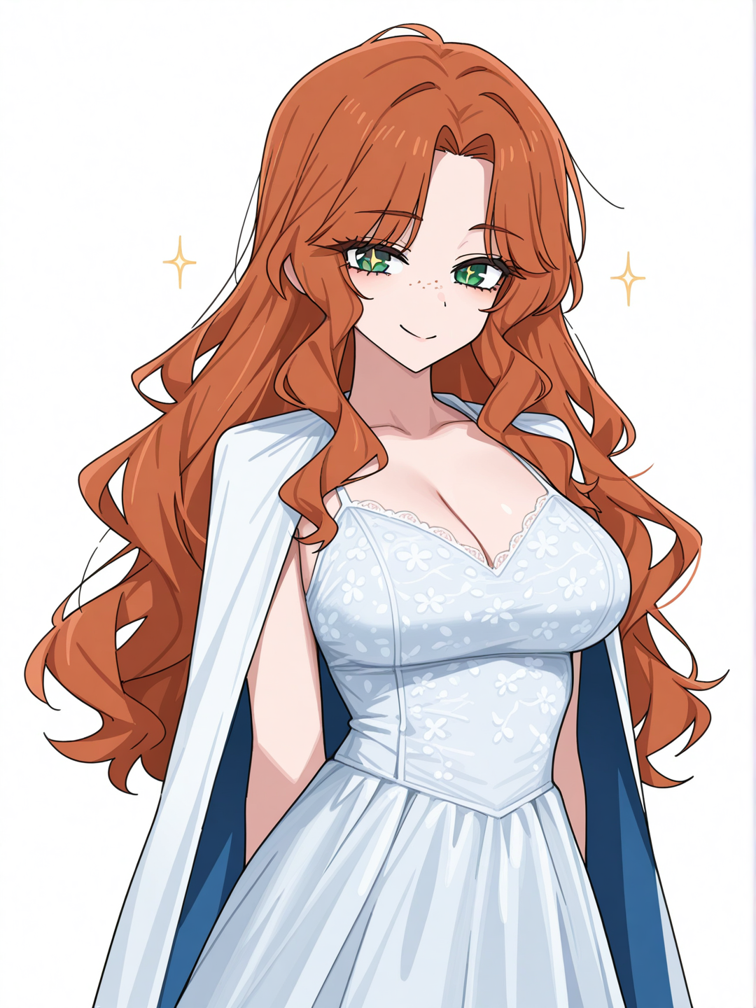 [toon-shaded-style] 1girl, long_hair, wavy_hair, auburn_hair, emerald_eyes, sparkling_eyes, freckles, lace_dress, confident_pose, smile, makeup, cape, single_character, full_body, looking_at_viewer, anime_style, simple_background, white_background