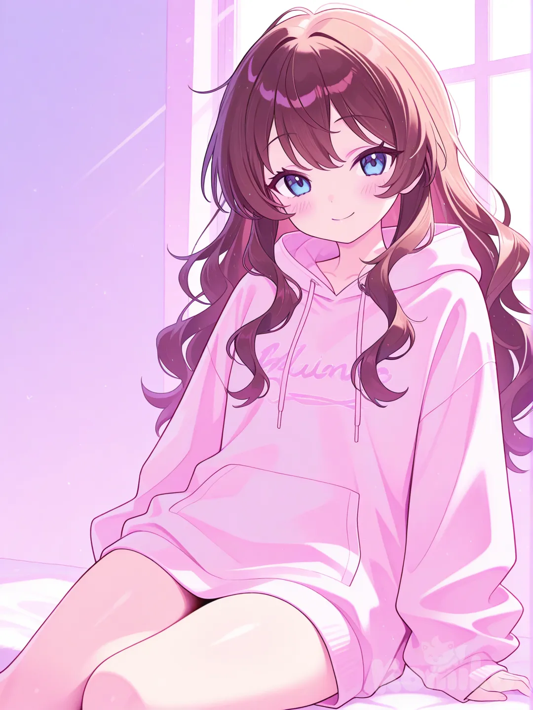 Anime-style illustration, with long wavy dark brown hair and bright blue eyes, smiling warmly at the viewer, relaxed posture, soft blush, wearing a cozy oversized hoodie, gentle sunlight, pastel colors, friendly and approachable vibe, modern anime style, @zoe-QiQR