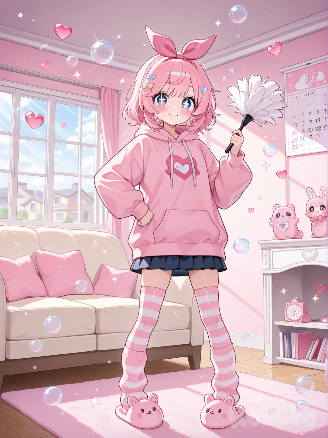 Saturday Cleaning” 🌸🧹
Imagine a cute anime girl spending her Saturday cleaning the house. She’s wearing an adorable pastel outfit—a soft pink oversized hoodie tucked into a short skirt, with striped knee-high socks and fluffy house slippers. A little bow headband keeps her hair in place, and a few loose strands frame her face to make her look extra sweet.
She’s holding a small feather duster in one hand while the other hand is on her hip, and she’s looking at you with big sparkly eyes, smiling like she’s saying, “I’m doing my Saturday cleaning!” ✨ Her cheeks are slightly rosy, giving her that warm, cozy anime feel.
The background is a bright, tidy living room with sunlight coming through the window. You can add cute details like floating sparkles, tiny hearts, and dust bubbles shaped like stars to make the cleaning feel fun instead of boring. A calendar on the wall has “Saturday” circled, with the words “Saturday Cleaning” written in cute handwriting 📝