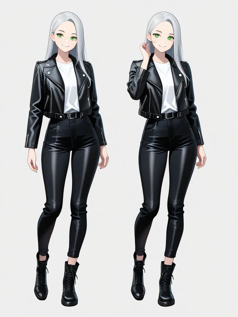 1girl, tall_female, lean_build, silver_hair, long_hair, green_eyes, high_cheekbones, scar_on_cheek, leather_jacket, smile, athletic, graceful, single character, full body, looking at viewer, anime style, simple background, white background