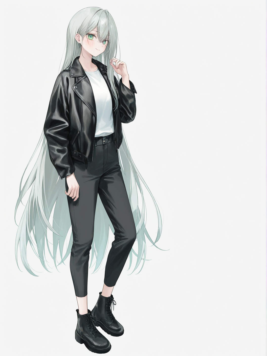 [soft-pastel-style] 1girl, tall_female, lean_build, silver_hair, long_hair, green_eyes, high_cheekbones, scar_on_cheek, leather_jacket, smile, athletic, graceful, single character, full body, looking at viewer, anime style, simple background, white background