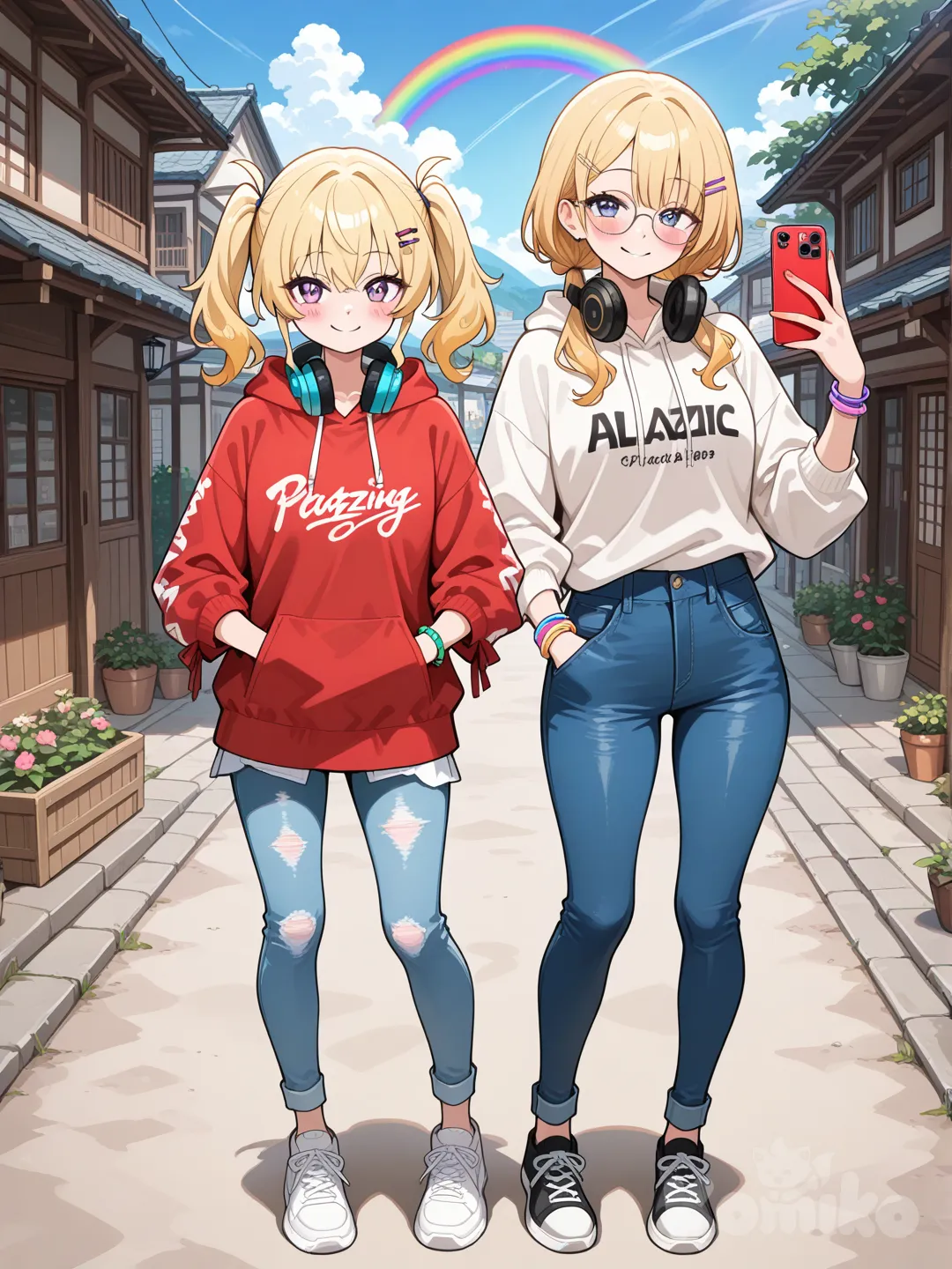 2girls, selfie, hands in pockets, smile, blush, hoodie, blonde hair, twin tails, jeans, plastic, bracelet, glasses, hairpin, headphones, rainbow, full body, day, village