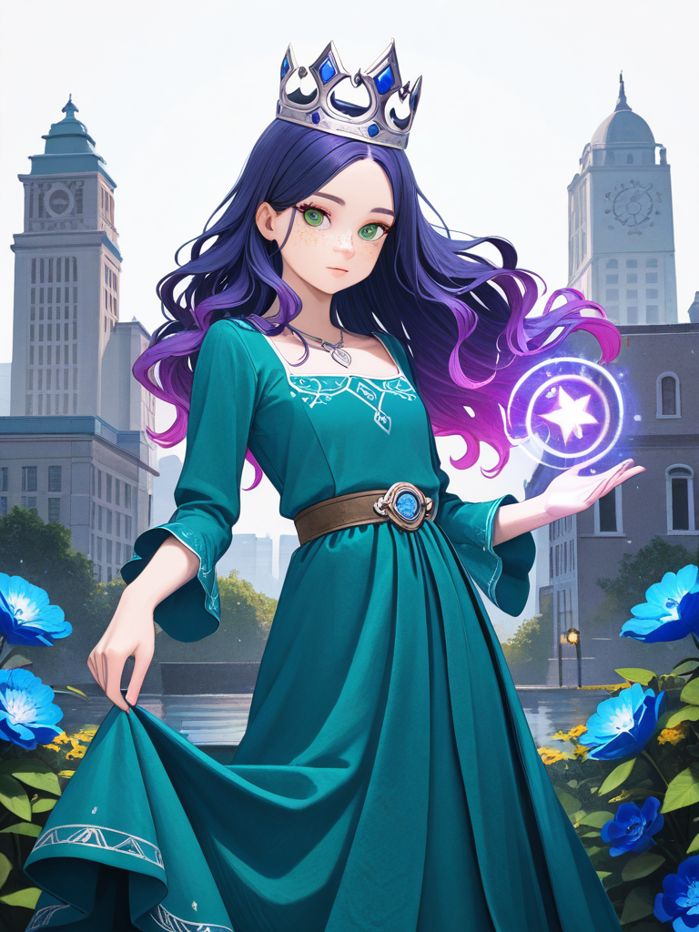 1girl, gradient_hair, blue_hair, purple_hair, wavy_hair, green_eyes, porcelain_skin, freckles, green_dress, silver_jewelry, runes, flower_crown, glowing_gems, warrior, princess, dynamic_pose, magical_aura, flowers, cityscape, single_character, full_body, looking_at_viewer, anime_style, simple_background, white_background