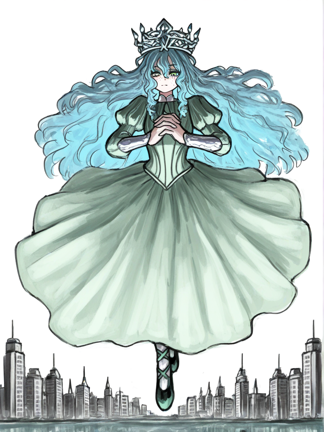 [sketchy-painterly-style] 1girl, gradient_hair, blue_hair, purple_hair, wavy_hair, green_eyes, porcelain_skin, freckles, green_dress, silver_jewelry, runes, flower_crown, glowing_gems, warrior, princess, dynamic_pose, magical_aura, flowers, cityscape, single_character, full_body, looking_at_viewer, anime_style, simple_background, white_background