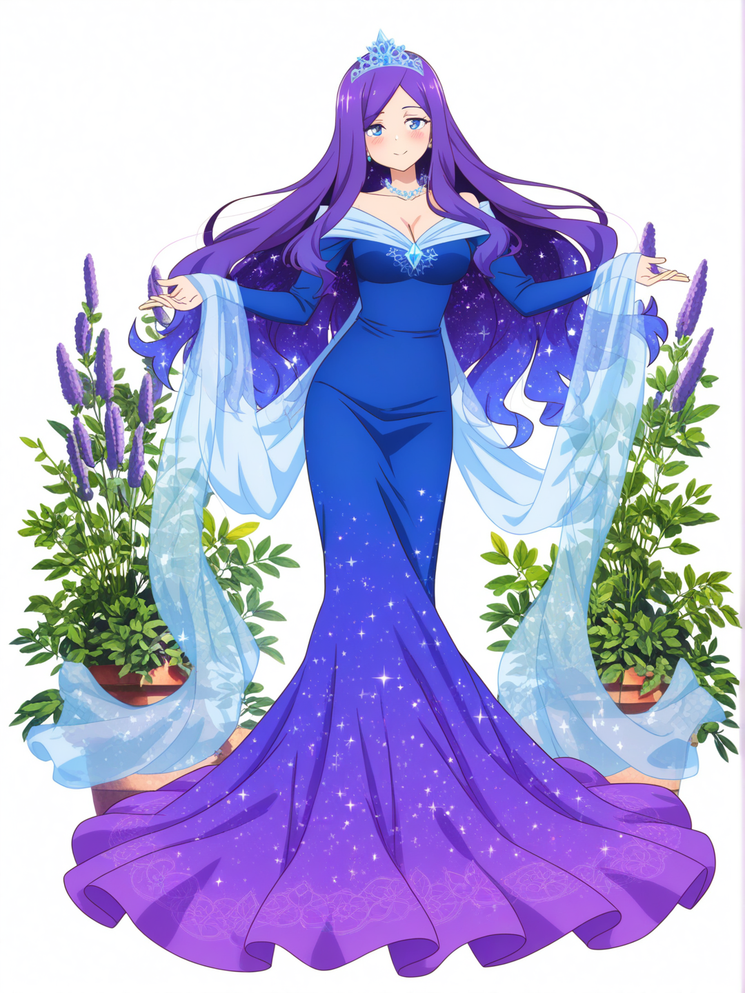 [pop-anime-style] 1girl, long hair, lavender hair, hair highlight, starry hair, blue eyes, compassionate expression, dress, blue dress, flowing dress, crystal embroidery, elegant pose, sorceress, glowing, serene, glowing skin, skin glow, blush, tiara, pearl tiara, moonlit tiara, garden background, mystical background, single character, full body, looking at viewer, anime style, simple background, white background