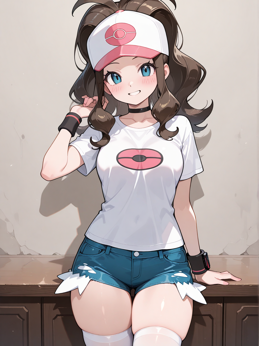 Hilda_(Pokemon), pink baseball T-shirt, short shorts, white thighhighs, black and pink sneakers, black choker, blushing, smile