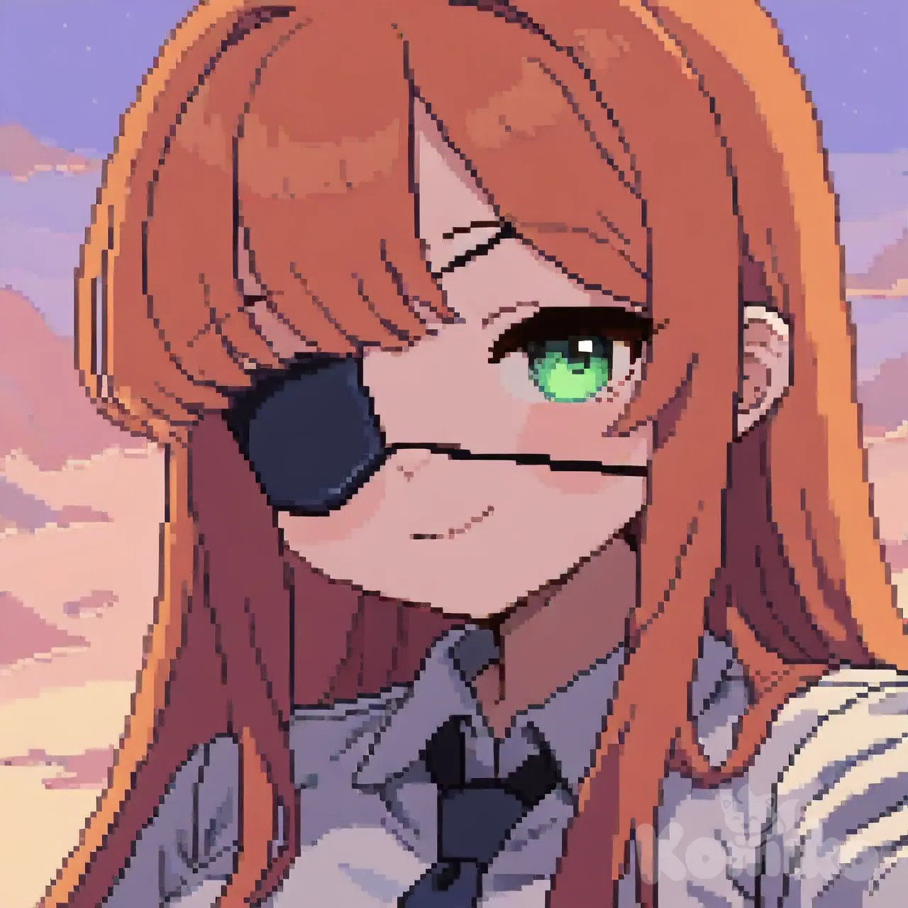 1woman, orange hair, long hair, straight hair, green eyes, eye patch, tie, portrait, twilight, selfie, [soft-pixel-art-style]