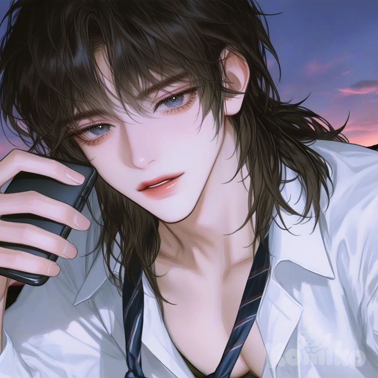 1 man, black hair, Medium length hair , blue eyes, muscular,tie, shirt, selfie , twilight, [semi-realistic-portrait-style]