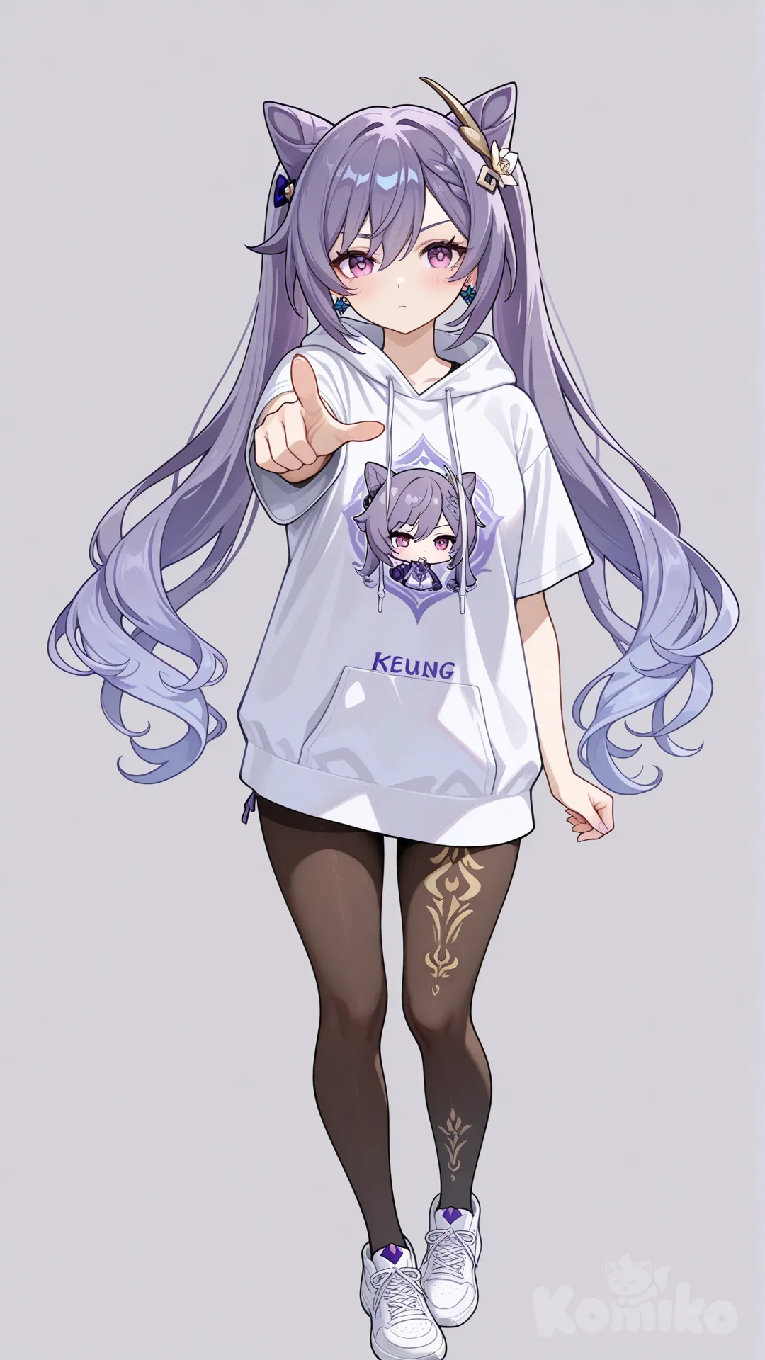 @Keqing_(Genshin_Impact), pointing at viewer, t-shirt, hoodie, full body