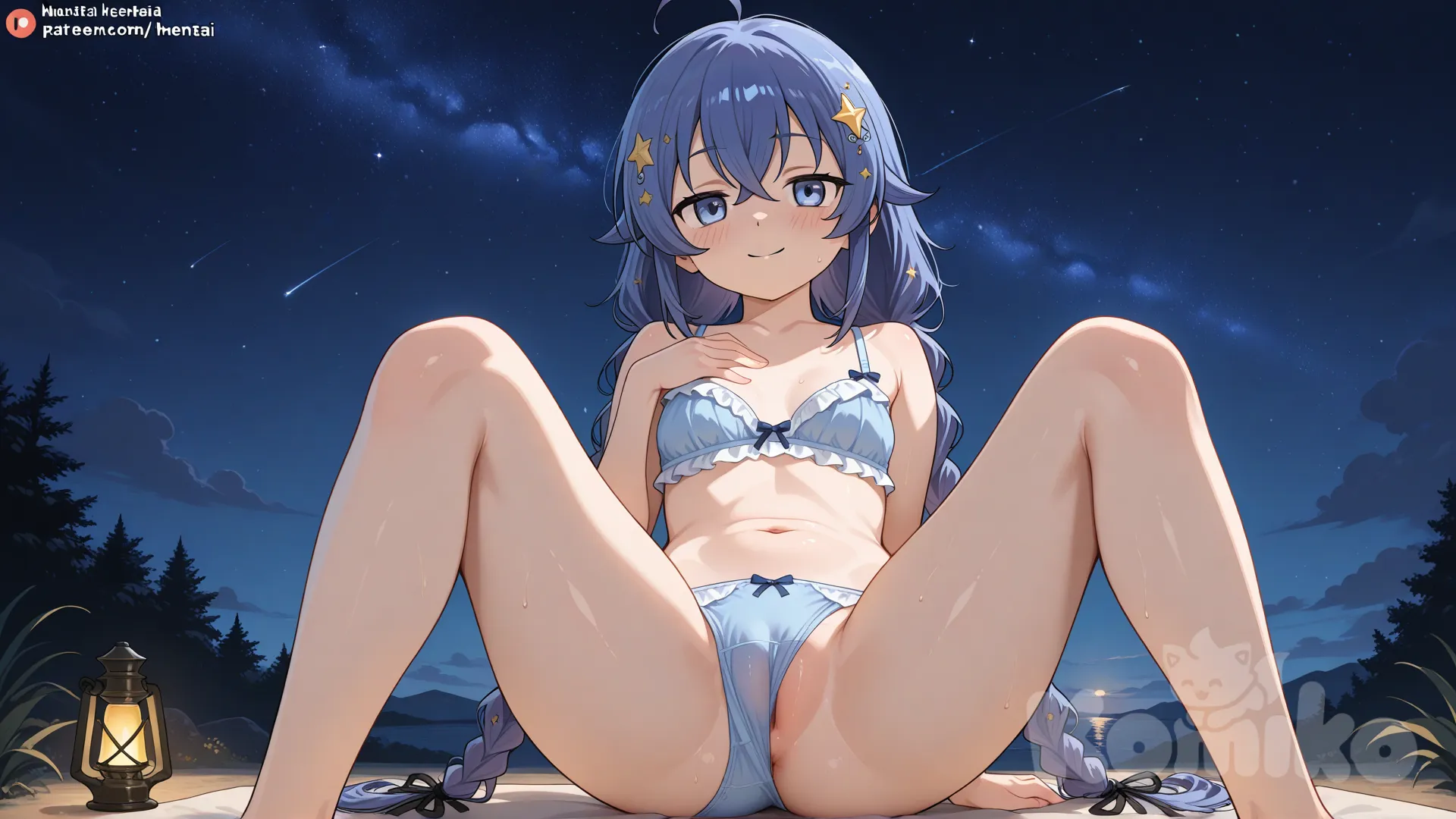 Hentai, roxy migurdia, blue underwear, spread legs, night sky, smile, star hair ornament, hand on own chest, cameltoe, underwear only, frilled bra