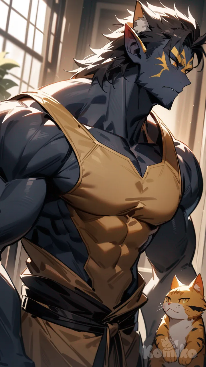 A male cat-human hybrid with a muscular build and broad shoulders, wearing simple worn clothes, his face partly human but with sharp feline features, golden cat eyes, and short dark fur on his ears and jawline. He has a tired but kind expression, standing tall like a protective father.