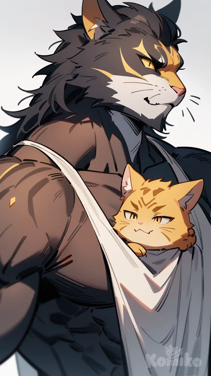 male cat human hybrid, muscular build, broad shoulders, simple worn clothes, partly human face, sharp feline features, golden cat eyes, short dark fur, ears, jawline, tired expression, kind expression, tall posture, protective father demeanor