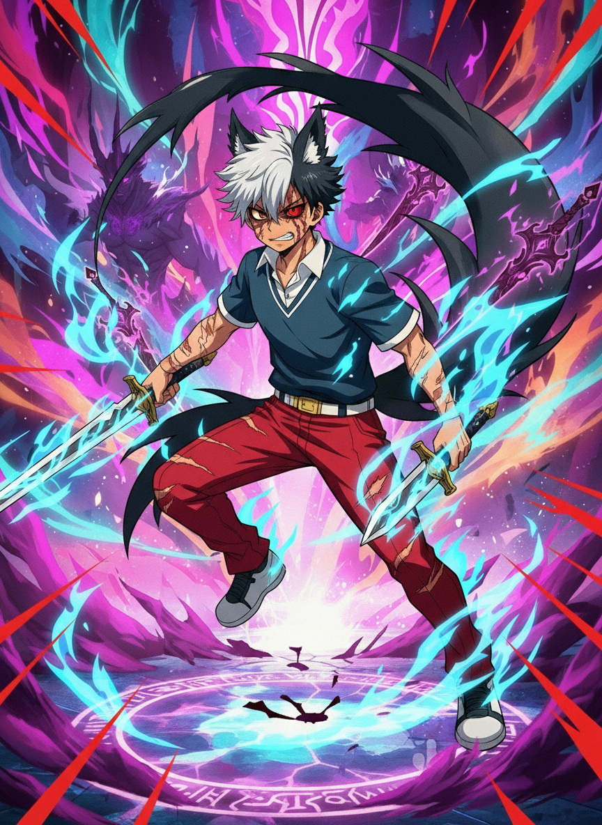 Craft a visually captivating image showcasing Rikou in his demon form, adorned with an intriguing fusion of elements inspired by generated-image (7), (8), and (11), embodying the KomikoAI aesthetic. Portray him with striking white and black hair, red pants, dual swords enveloped in blue flames, and tattered clothing revealing scars covered by a blue flame. Accentuate his dynamic appearance with a demons tail, a red demon eye, and a werewolf eye, creating a harmonious and dynamic scene.