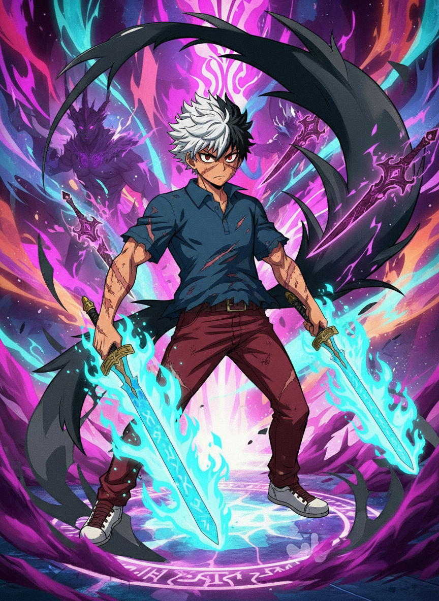 Generate a visually intriguing image featuring Rikou with the KomikoAI aesthetic, drawing inspiration from generated-image (7), (8), and (11). Create a harmonious fusion of these elements to craft a captivating and dynamic scene. Rikou in his demon form with white and black hair with red pants. hold two swords with blue flames with his clothes tear with a lot of scar