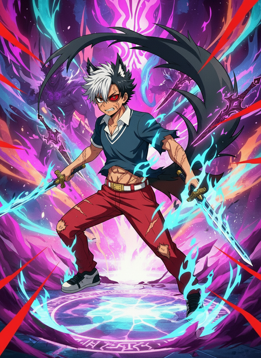 Craft a visually captivating image showcasing Rikou in his demon form, adorned with an intriguing fusion of elements inspired by generated-image (7), (8), and (11), embodying the KomikoAI aesthetic. Portray him with striking white and black hair, red pants, dual swords enveloped in blue flames, and tattered clothing revealing scars covered by a blue flame. Accentuate his dynamic appearance with a demons tail, a red demon eye, and a werewolf eye, creating a harmonious and dynamic scene.